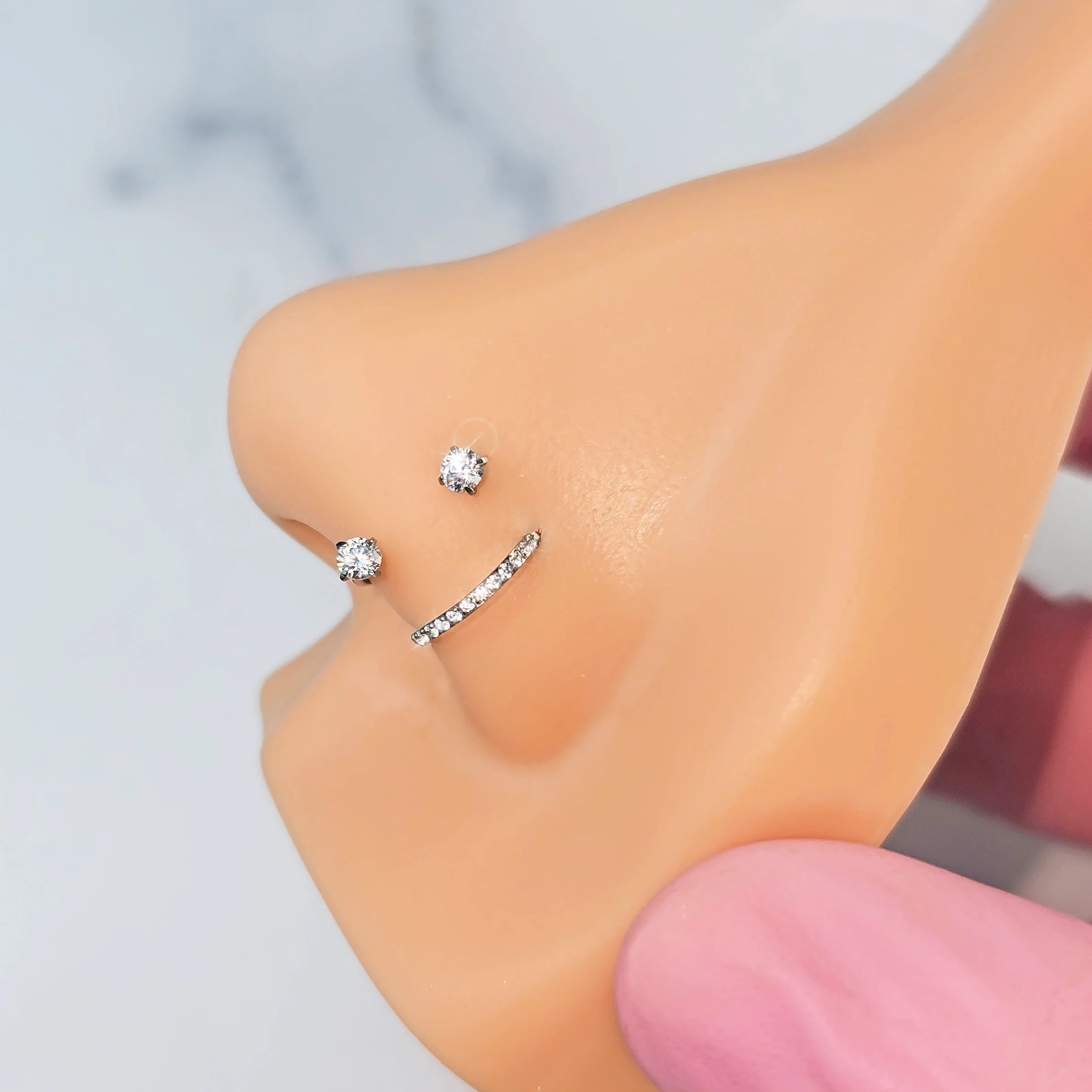 Double Gem U Hoop Titanium Mircro Gem Hoop Double Piercing Nose Ring Pack - Image 2