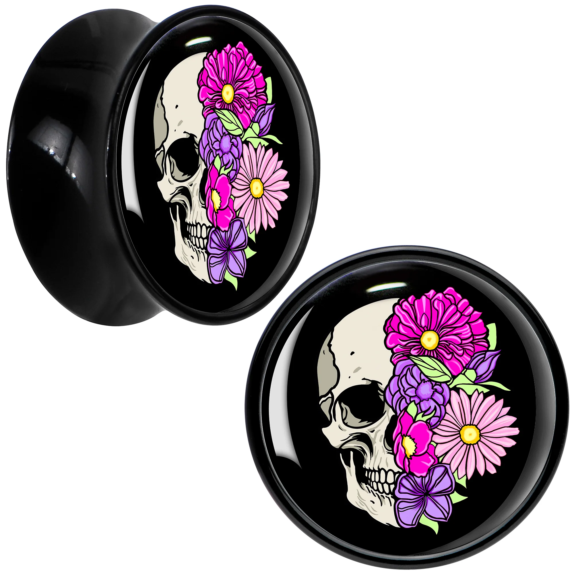 Floral Flowers Skull Black Acrylic Saddle Plug Set 8mm to 20mm by Onyx O - Image 11