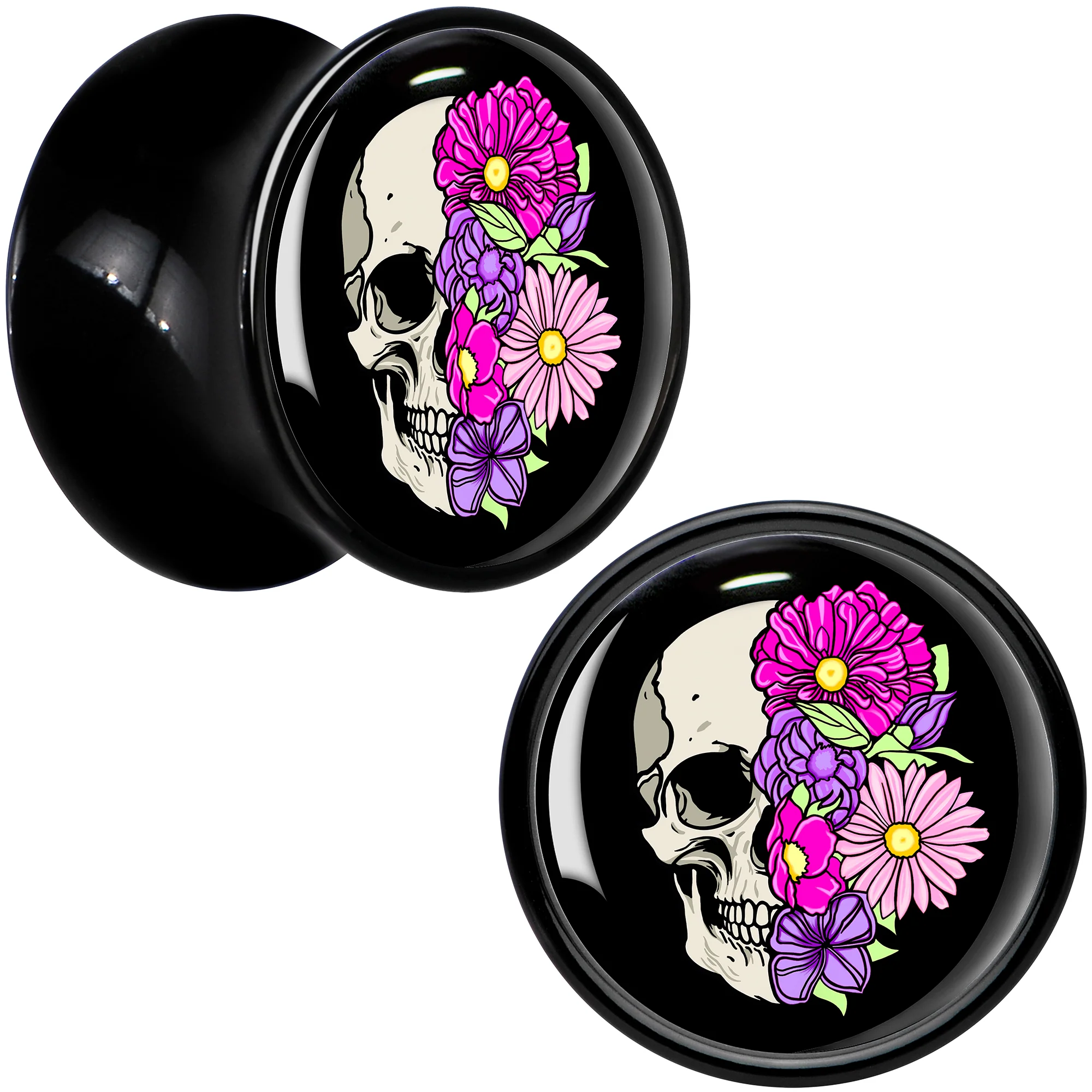 Floral Flowers Skull Black Acrylic Saddle Plug Set 8mm to 20mm by Onyx O - Image 8
