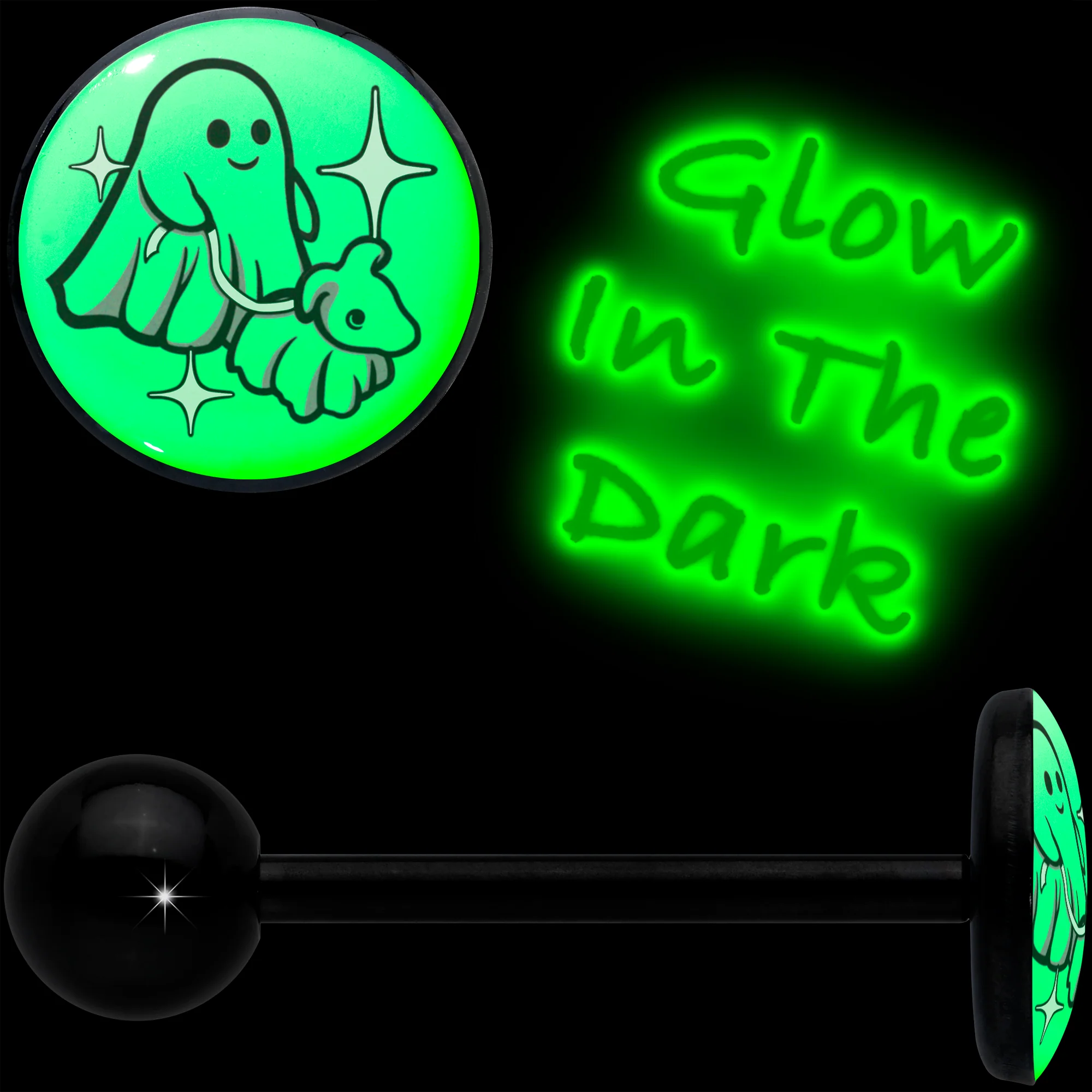Glow in the Dark Black Anodized Halloween Ghost and Dog Barbell Tongue Ring by Onyx O - Image 2