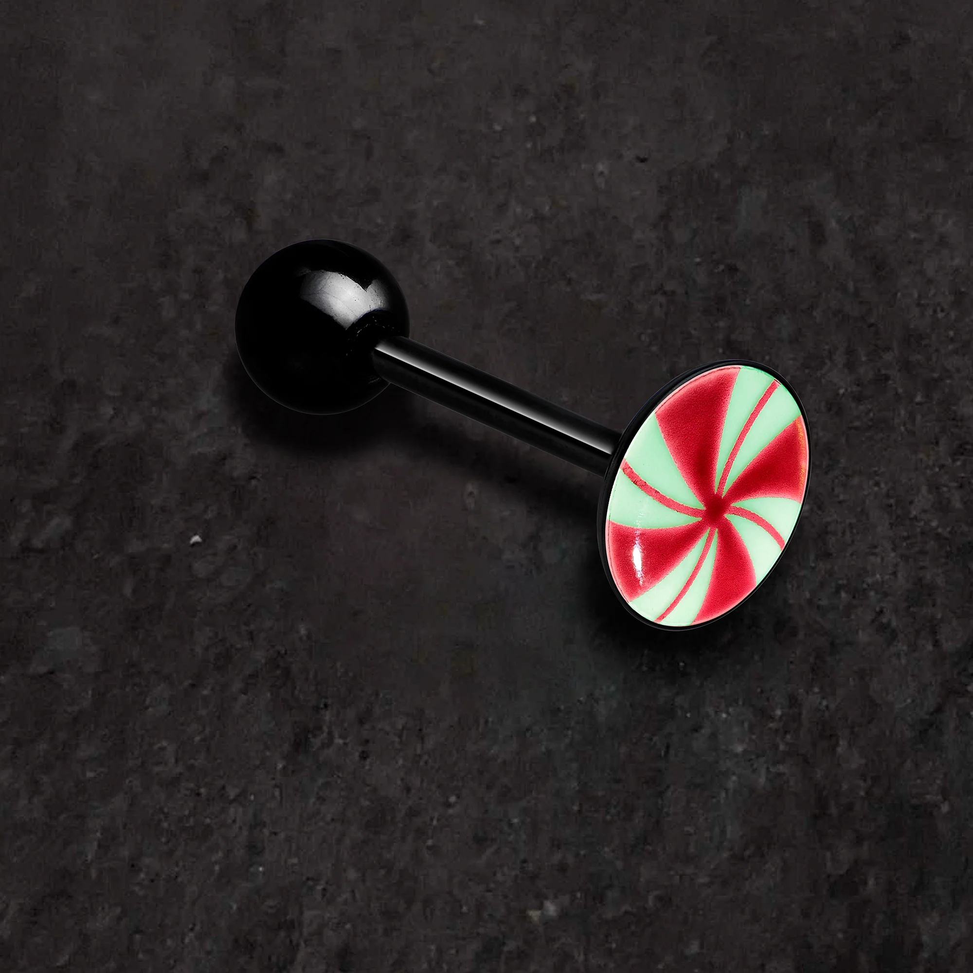 Glow in the Dark Black Anodized Holiday Peppermint Candy Barbell Tongue Ring by Onyx O - Image 4