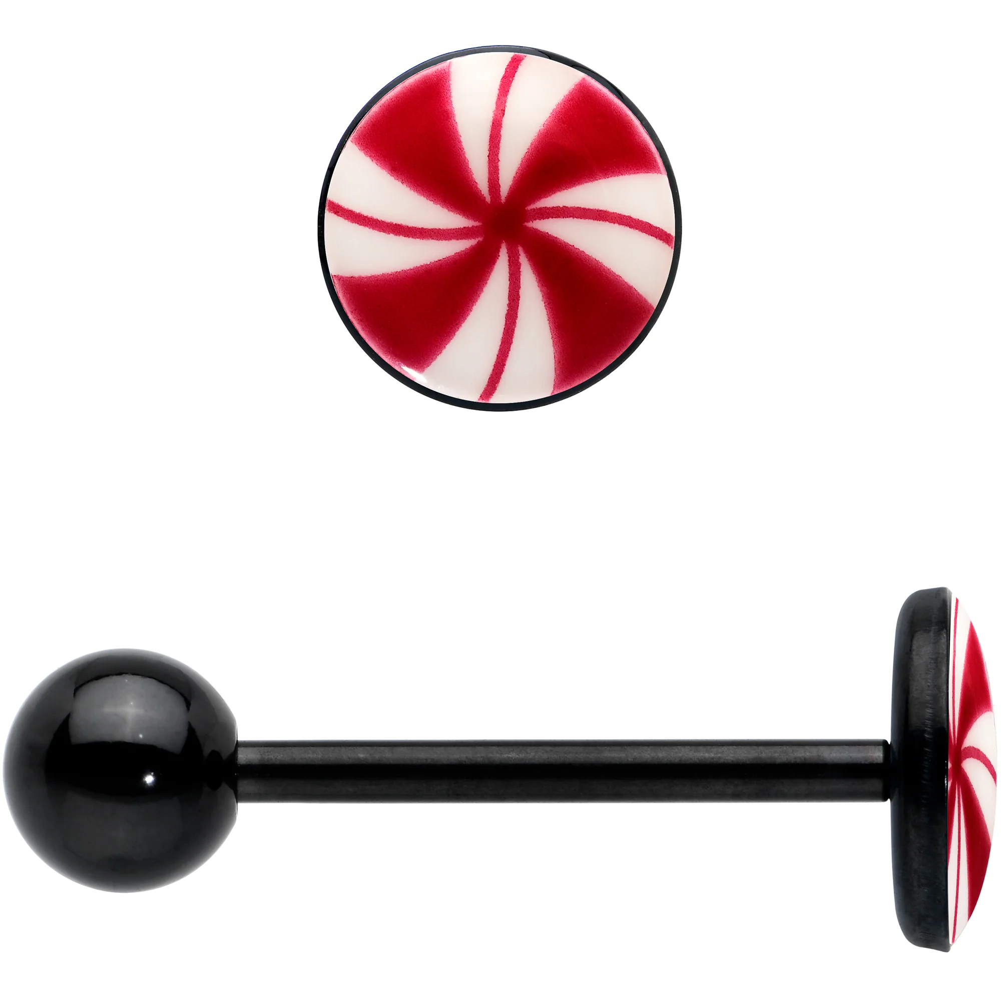 Glow in the Dark Black Anodized Holiday Peppermint Candy Barbell Tongue Ring by Onyx O - Image 5