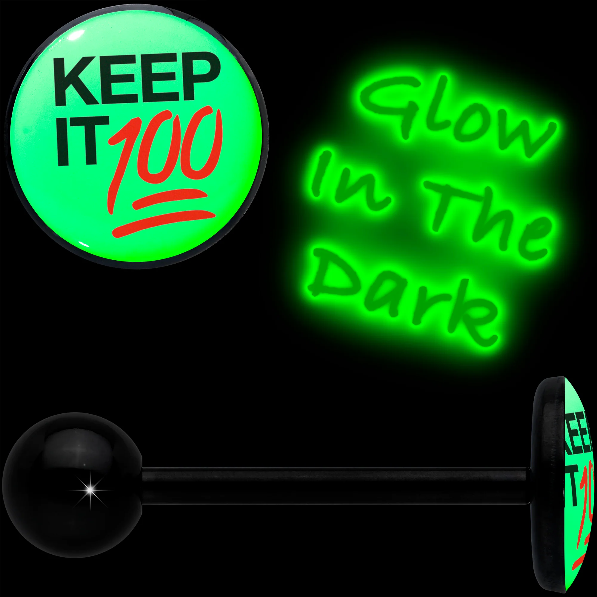 Glow in the Dark Black Anodized Keep it 100 Barbell Tongue Ring by Onyx O - Image 2