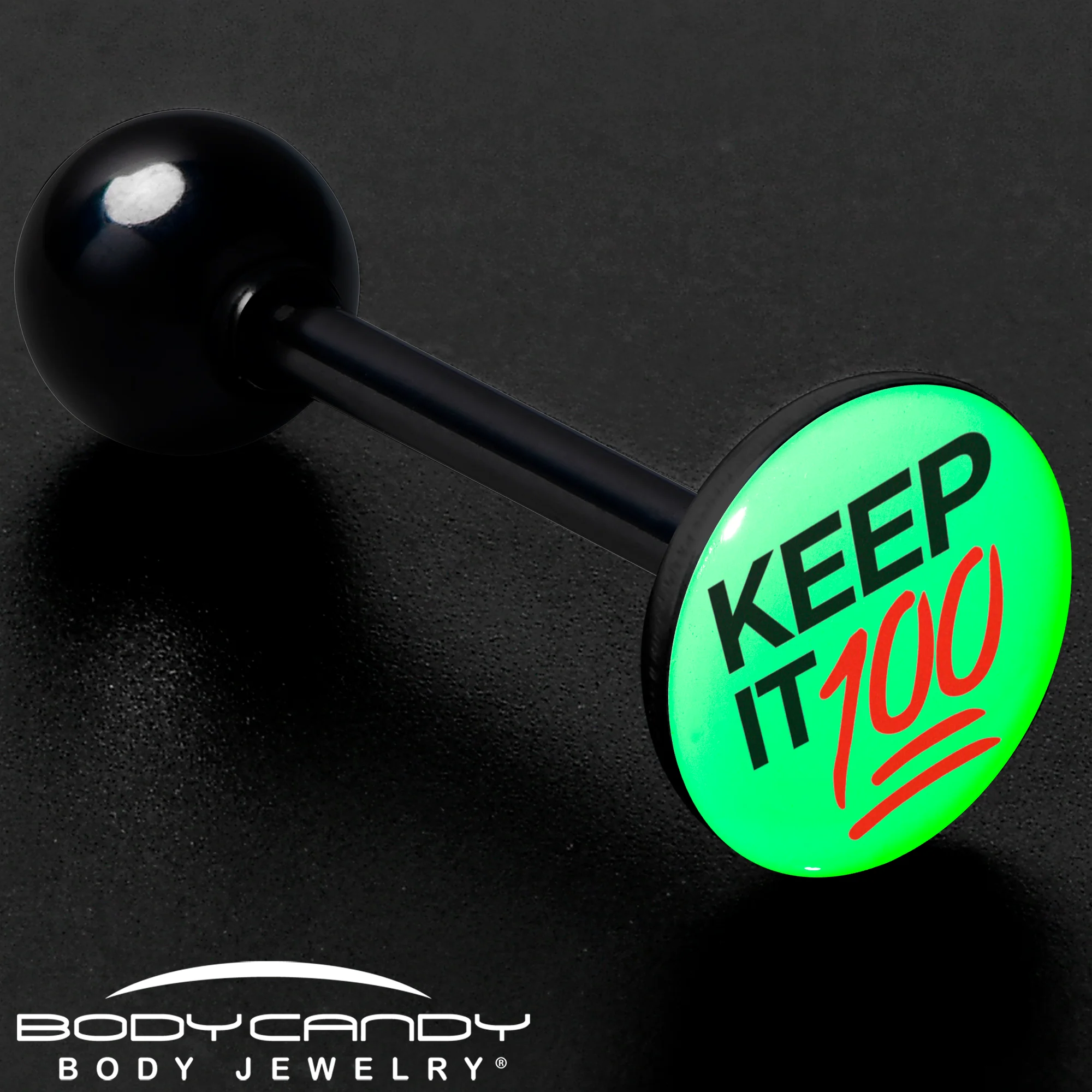 Glow in the Dark Black Anodized Keep it 100 Barbell Tongue Ring by Onyx O - Image 8