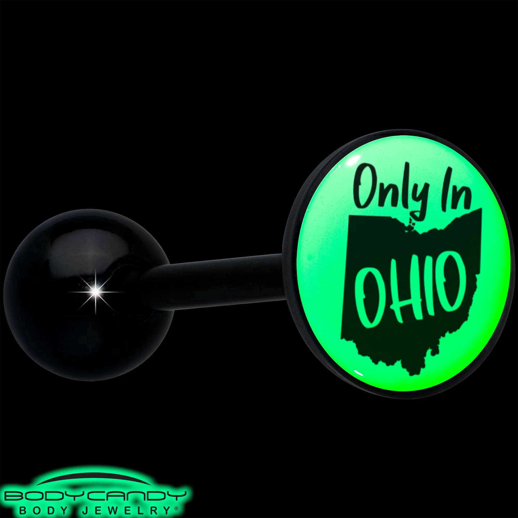 Glow in the Dark Black Anodized Only in Ohio Barbell Tongue Ring by Onyx O - Image 6