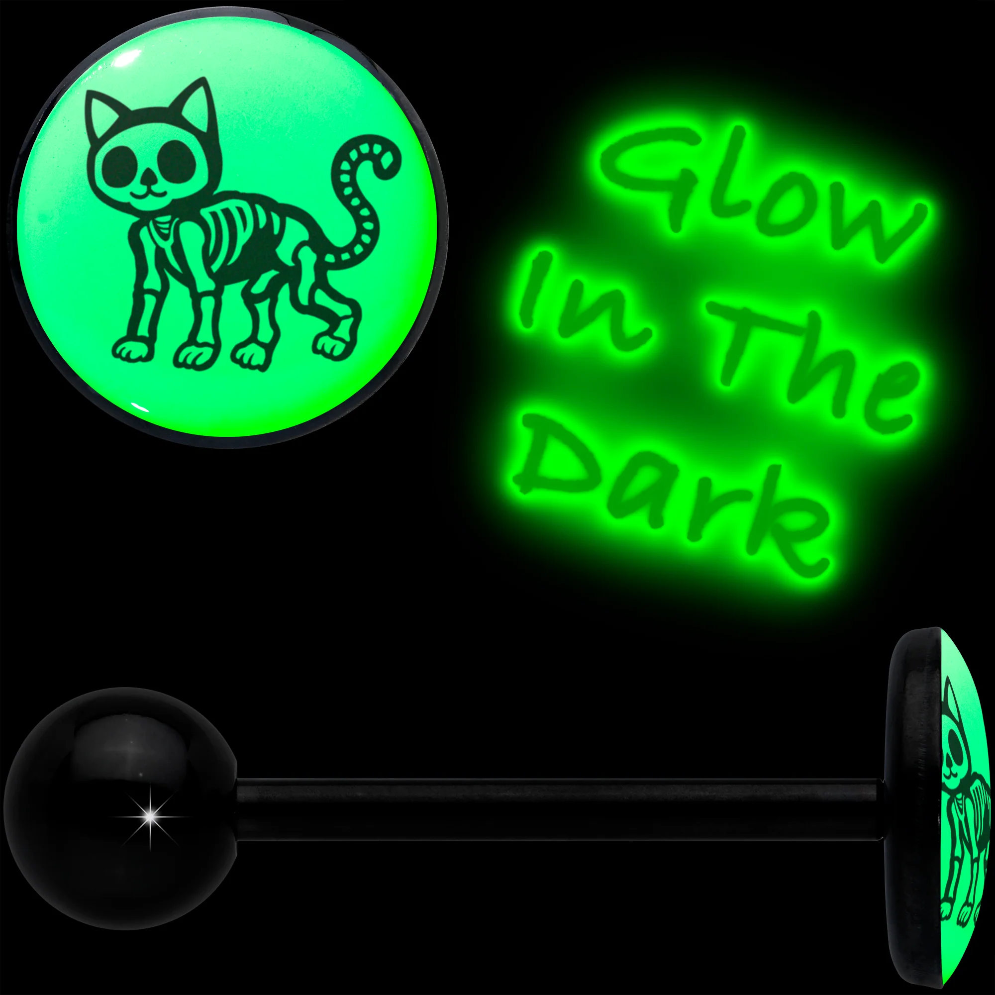 Glow in the Dark Black Anodized Skeleton Kitty Cat Barbell Tongue Ring by Onyx O - Image 2