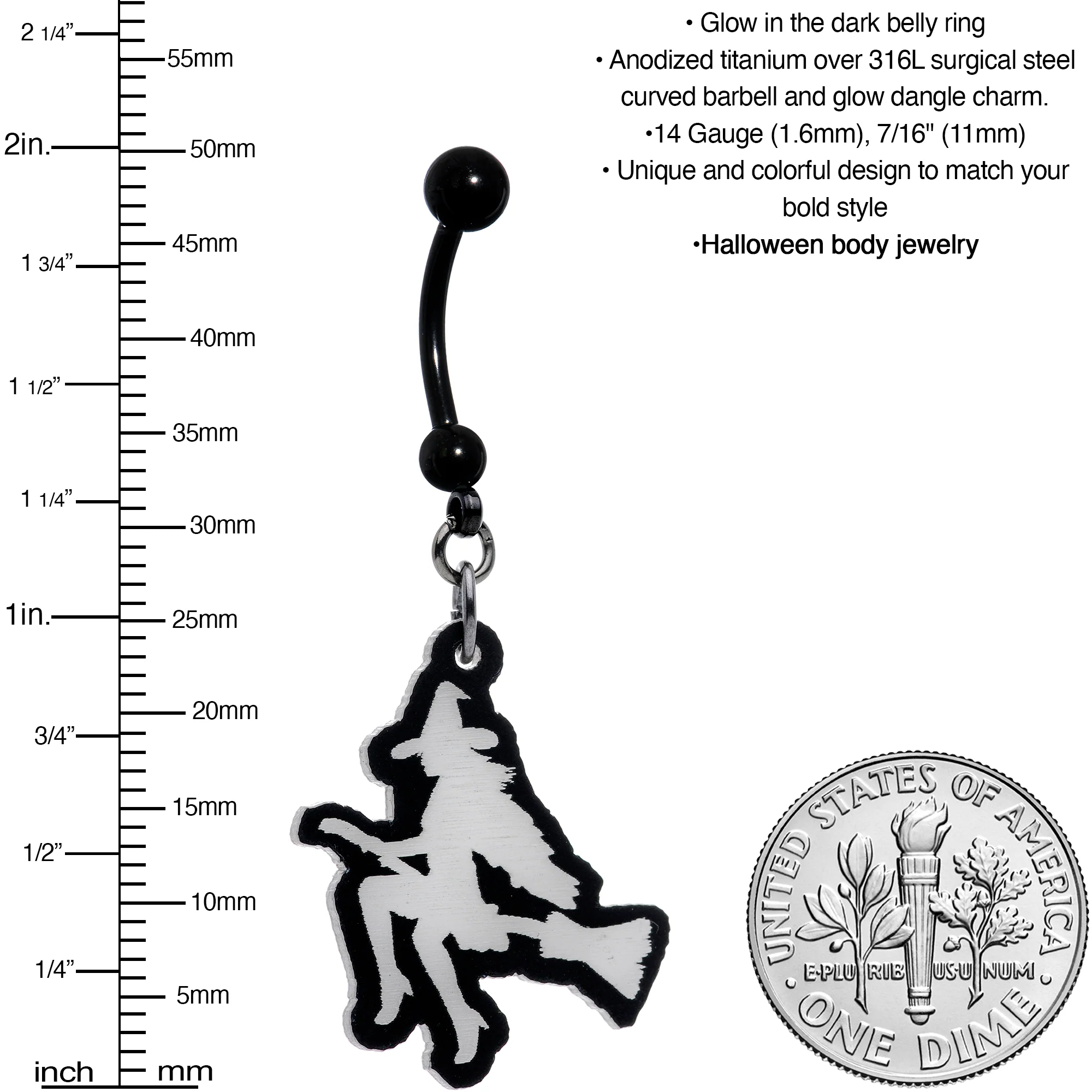 Glow in the Dark Halloween Flying Witch on Broom Dangle Belly Ring - Image 3