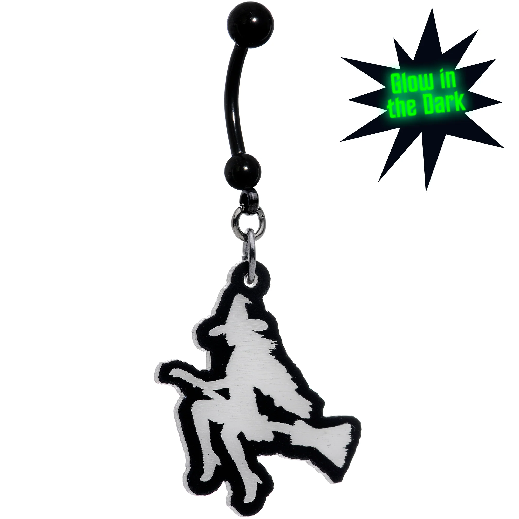 Glow in the Dark Halloween Flying Witch on Broom Dangle Belly Ring - Image 7
