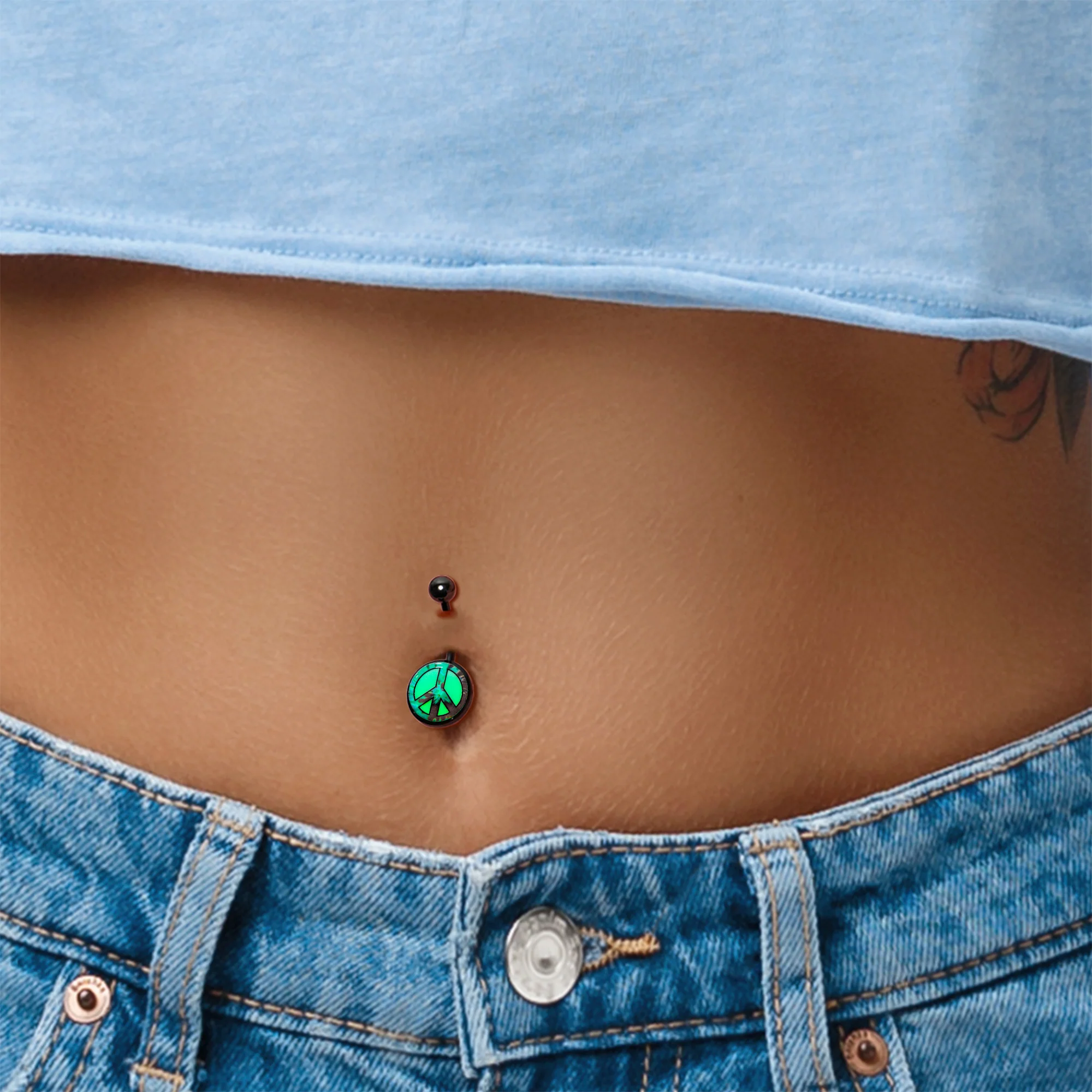 Glow in the Dark Titanium Tie Dyed Peace Sign Belly Ring - Image 9