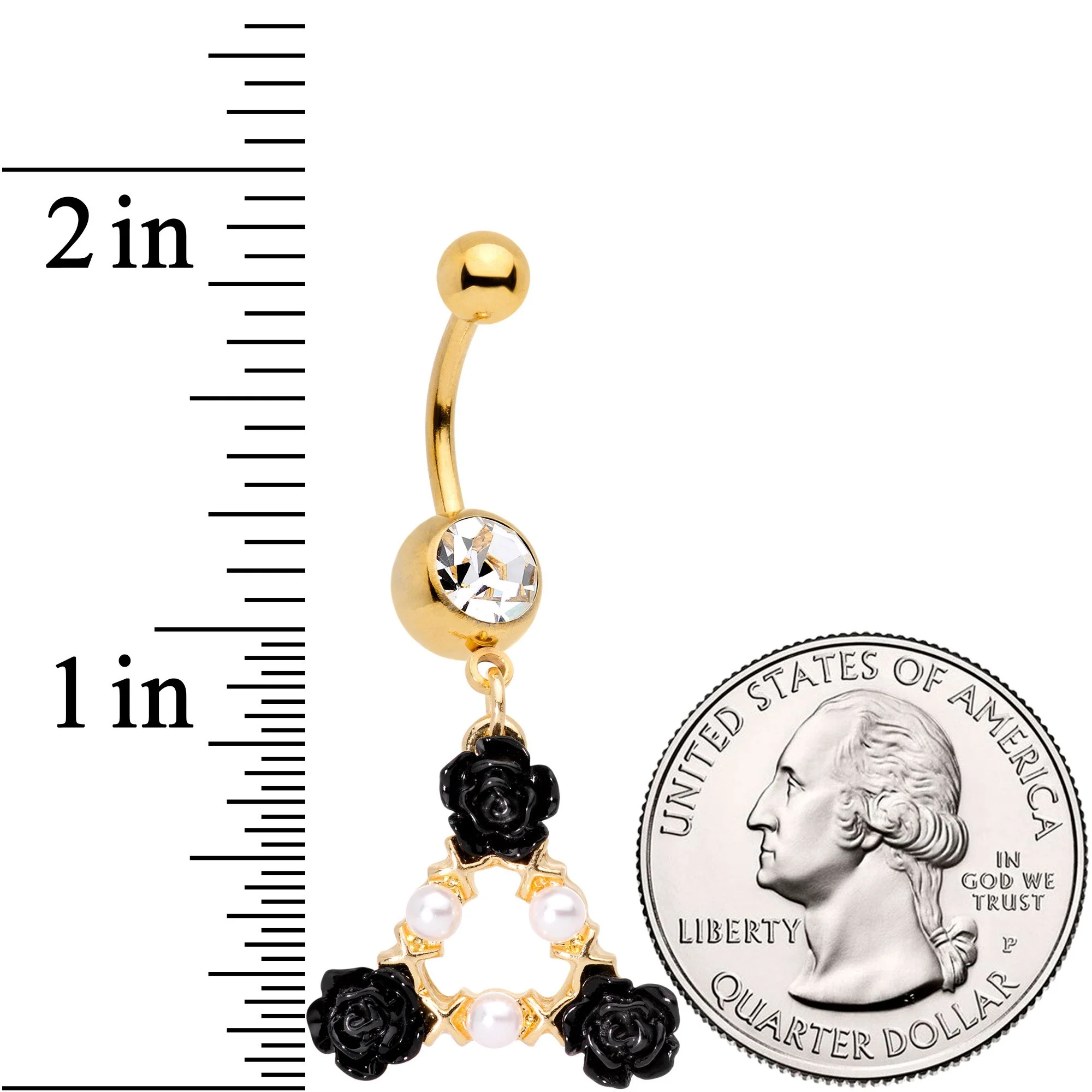 Gold Tone Black Triple Flower Triangle Dangle Belly Ring - Image 2