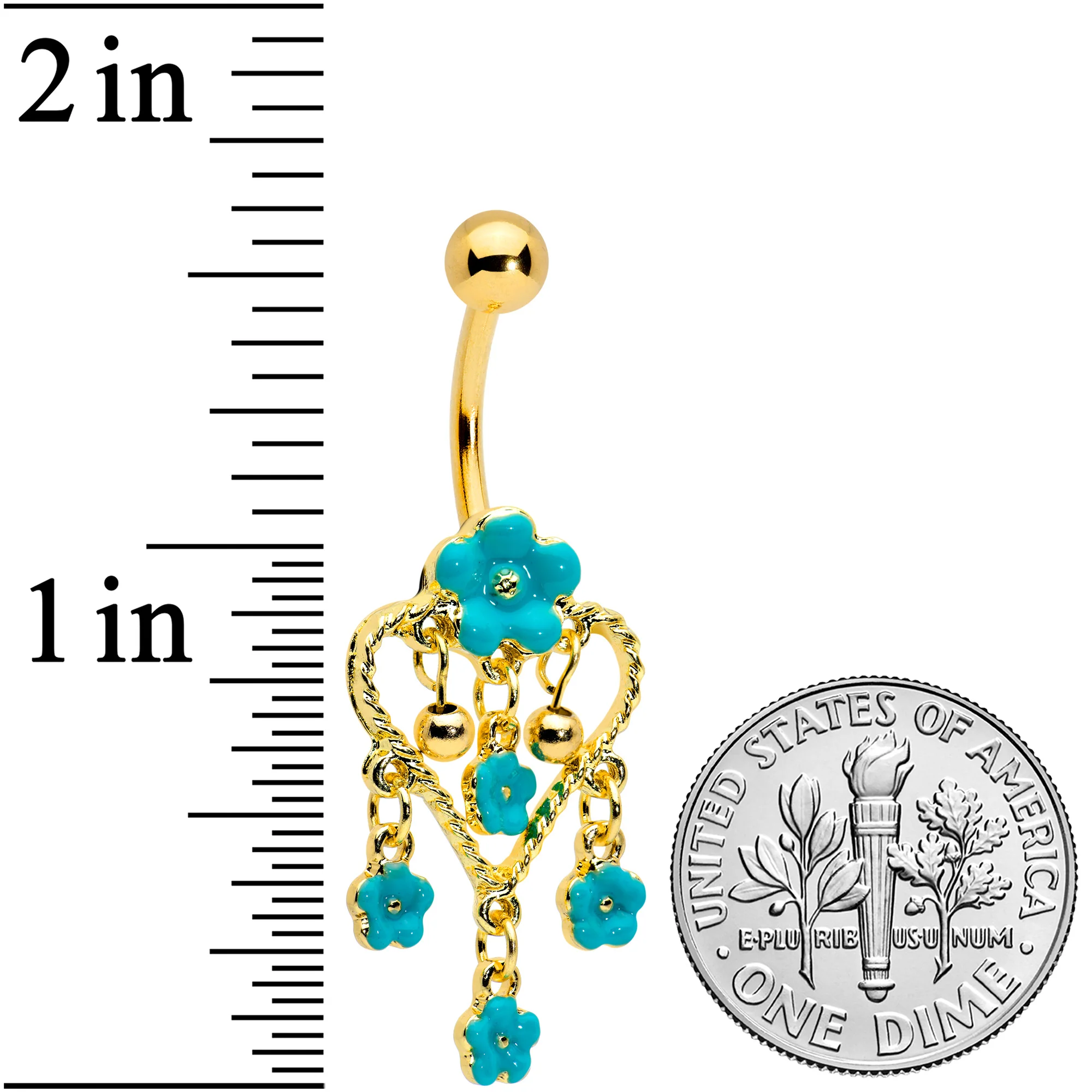 Gold Tone Blue Flowers Heart Dangle Belly Ring - Image 2
