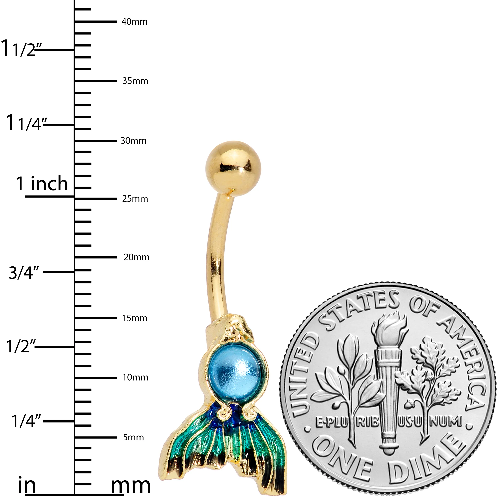 Gold Tone Blue Green Mermaid Tail Belly Ring - Image 2