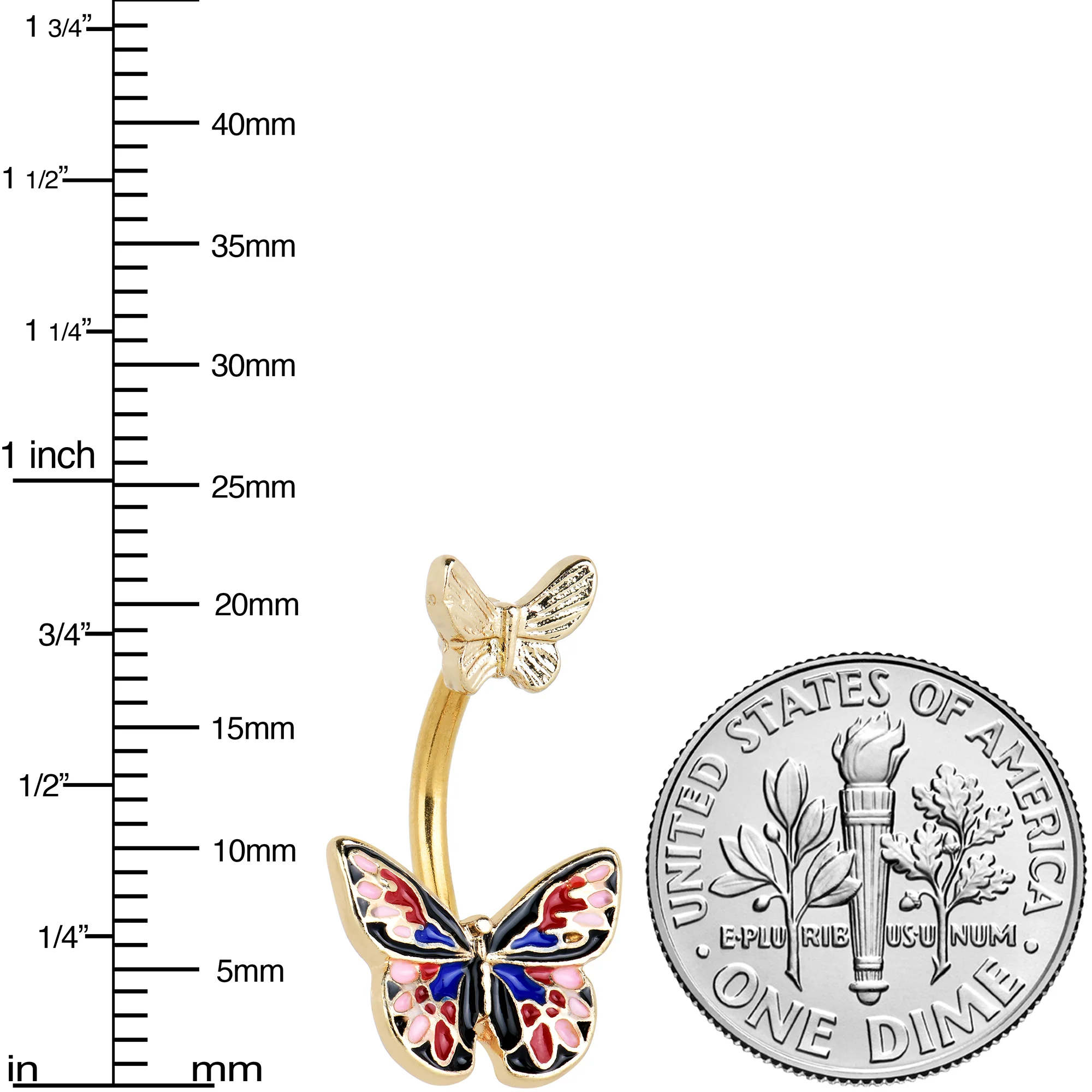 Gold Tone Colorful Butterfly Pair Red Blue Double Mount Belly Ring - Image 3