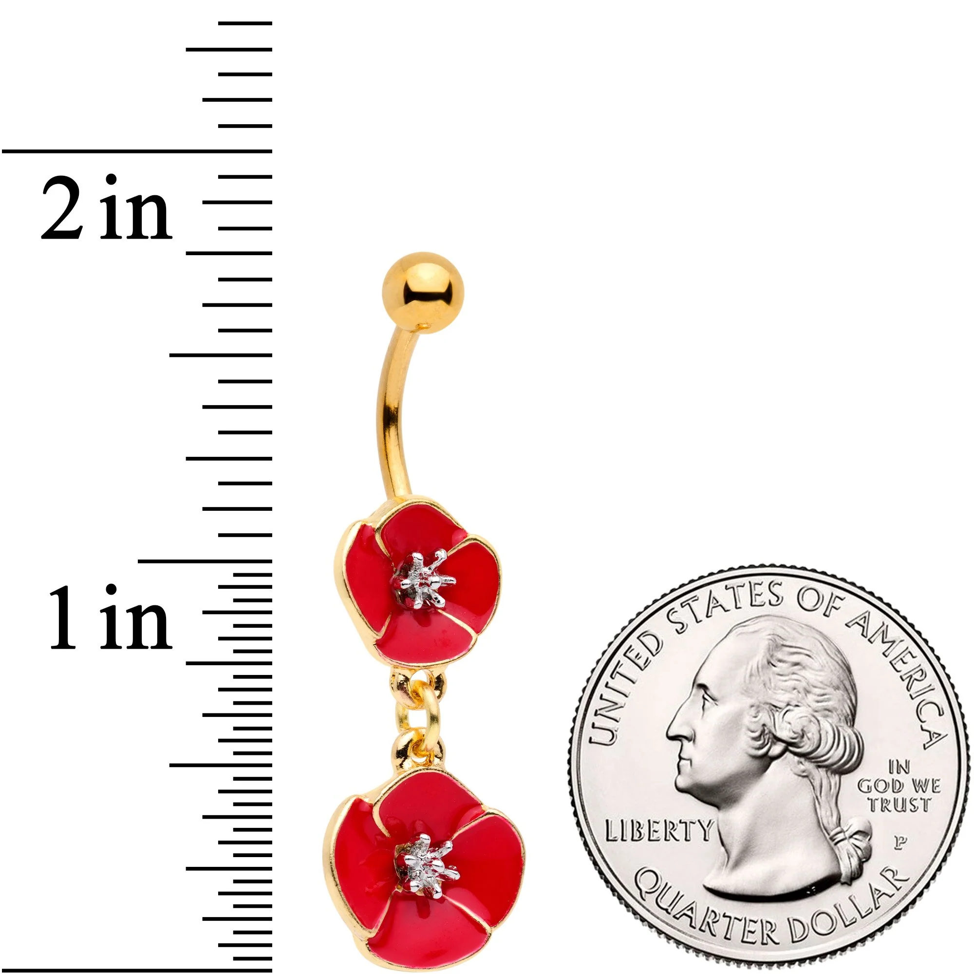 Gold Tone Fashionable Red Flower Chain Dangle Belly Ring - Image 2