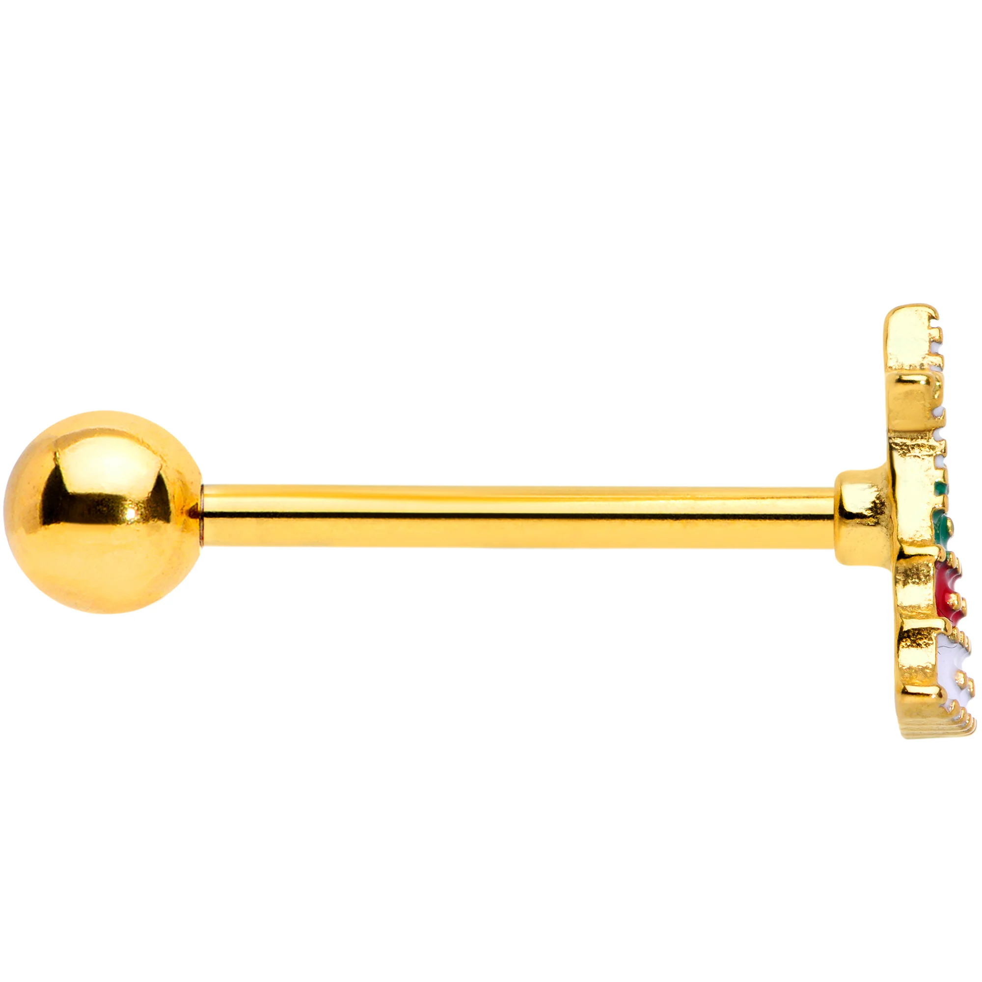 Gold Tone Red Green White Holiday Tree Christmas Barbell Tongue Ring - Image 3