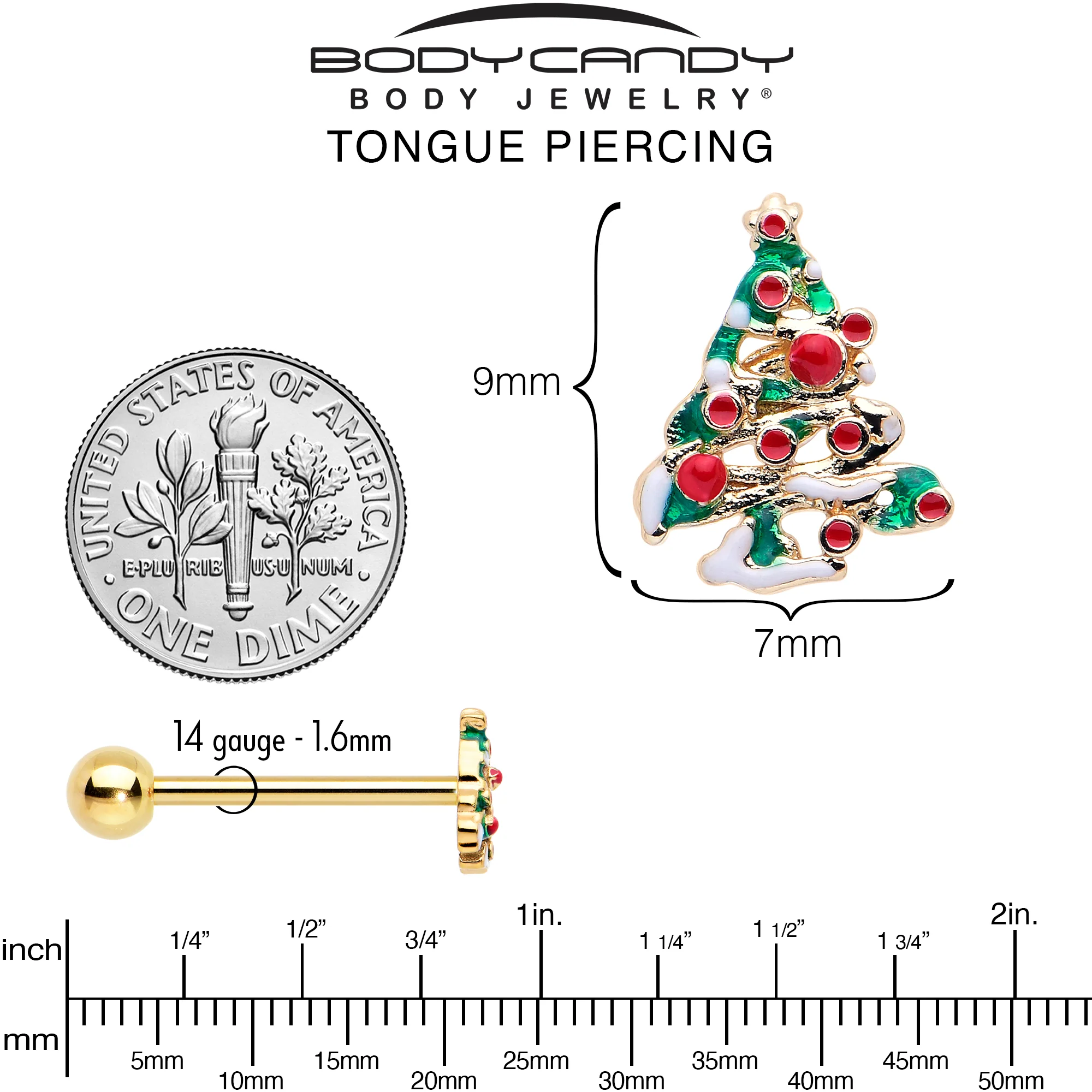 Gold Tone Snowy Christmas Tree Holiday Barbell Tongue Ring - Image 4