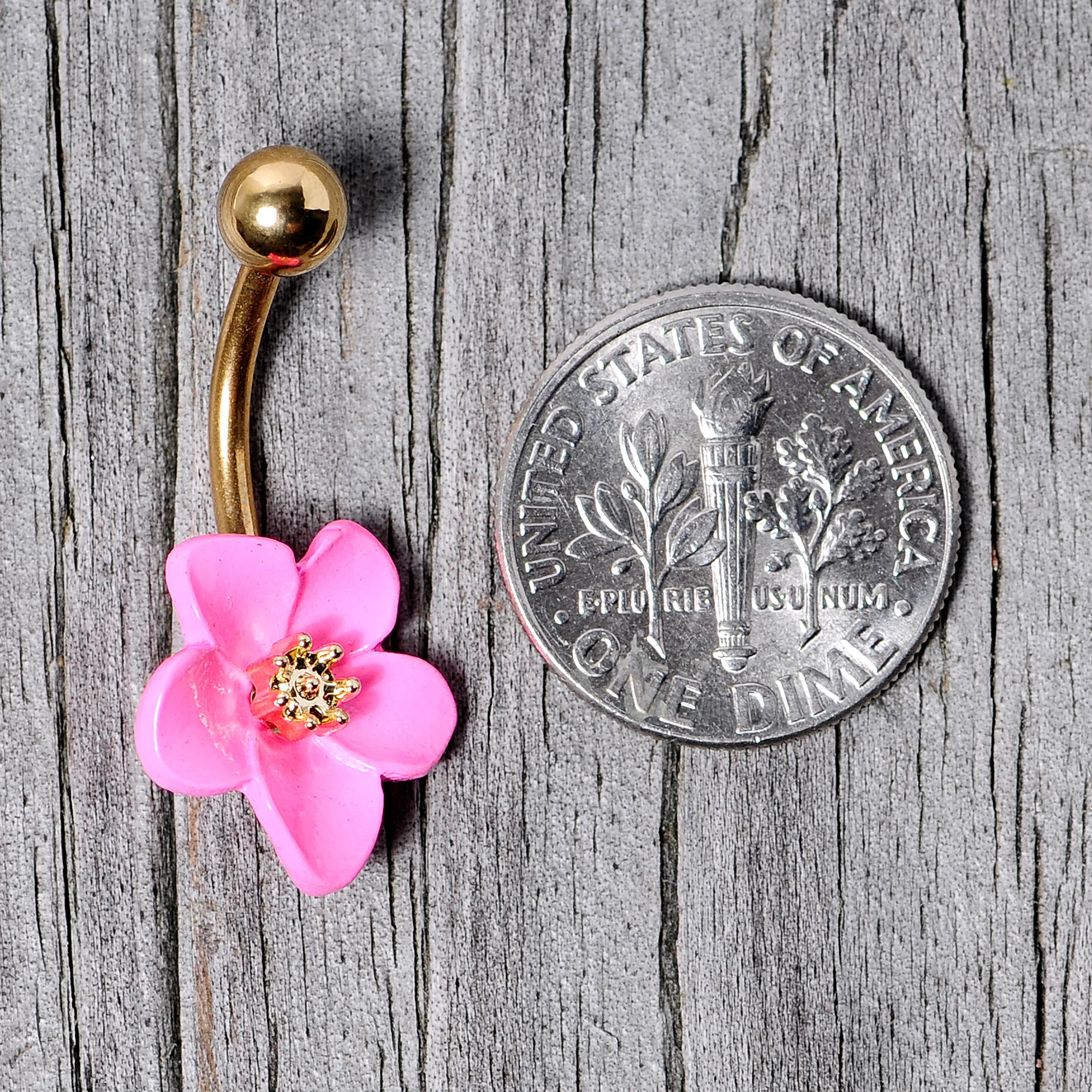 Gold Tone Spring Blossom Pretty Pink Flower Belly Ring - Image 5
