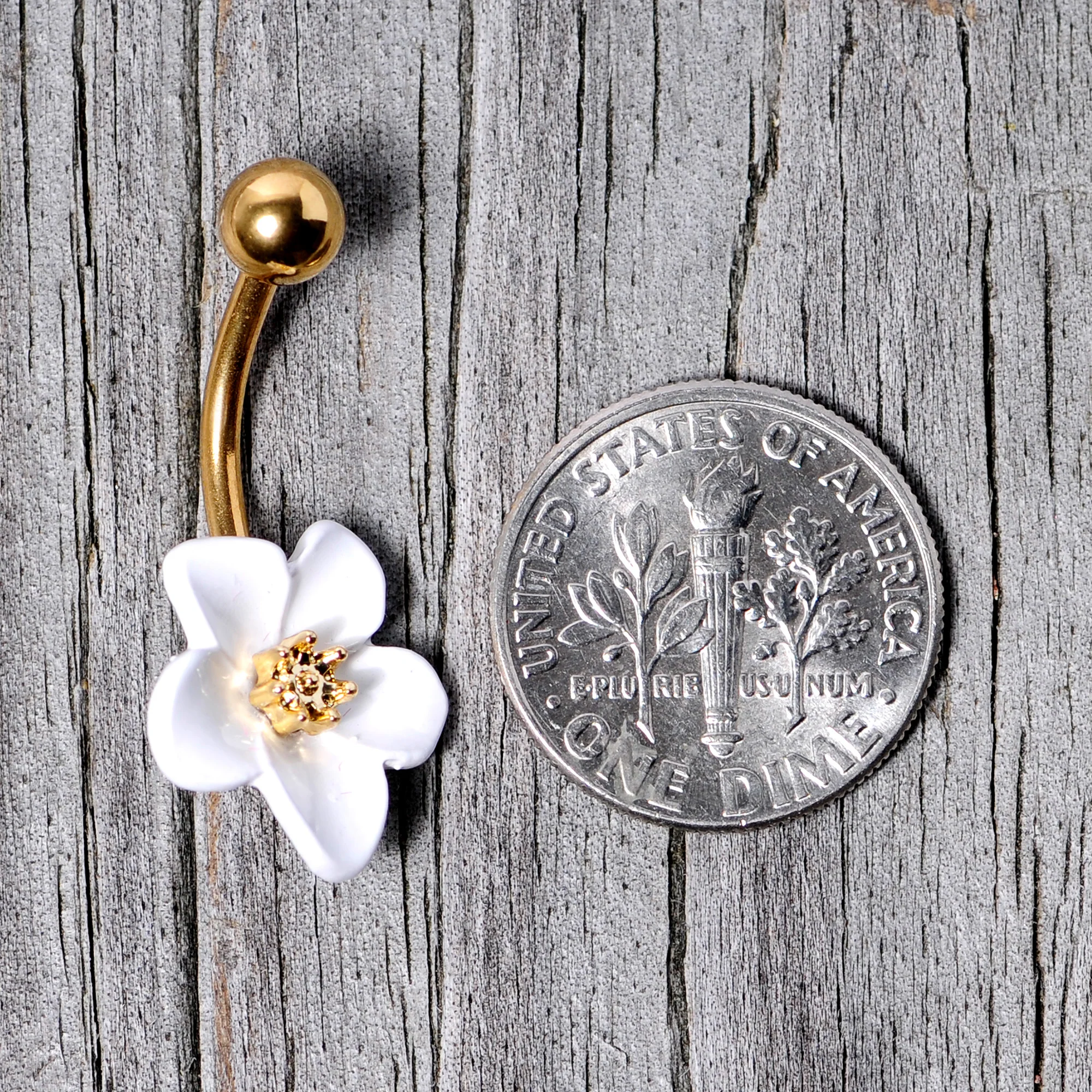 Gold Tone Spring Blossom Pretty White Flower Belly Ring - Image 7