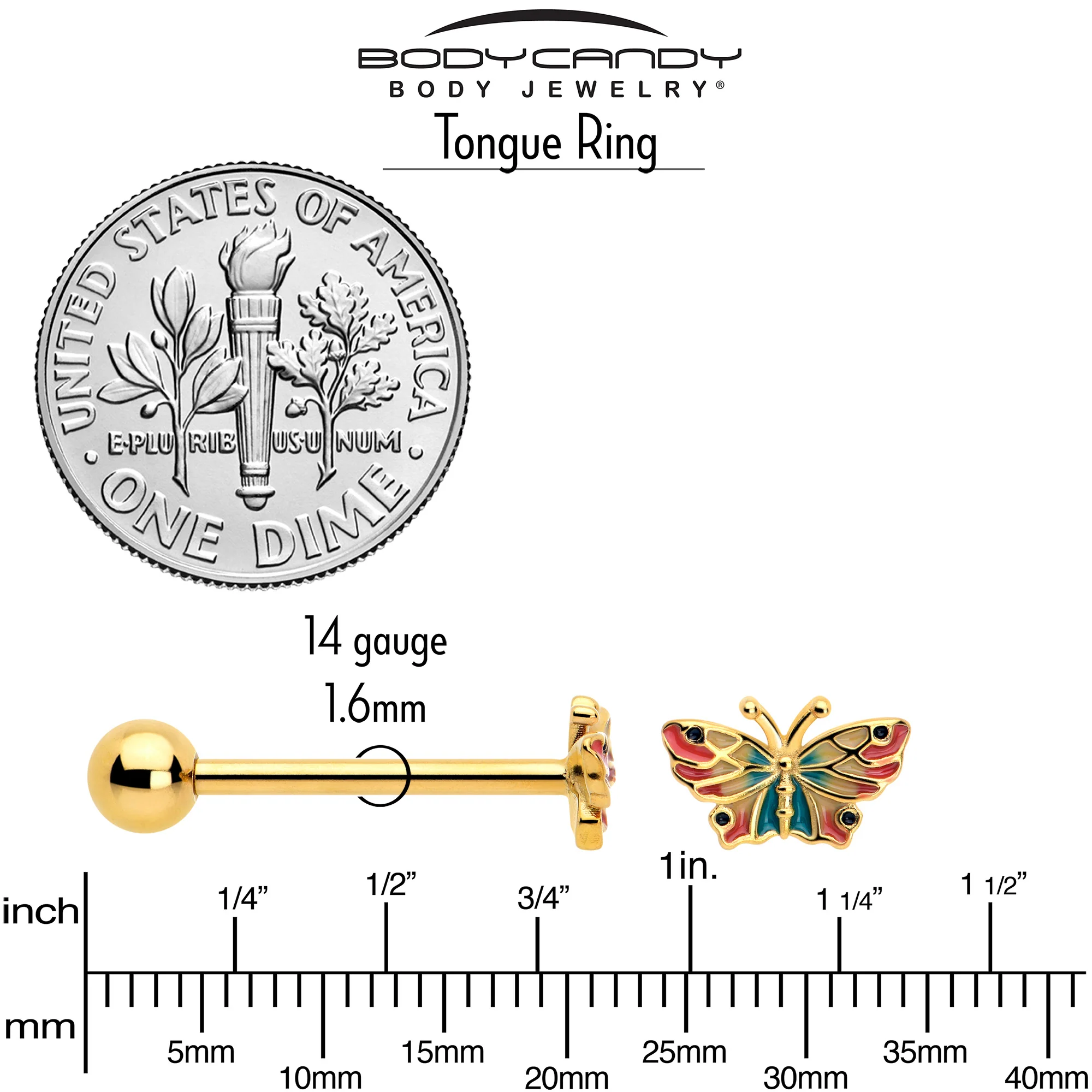 Gold Tone Sunrise Butterfly Barbell Tongue Ring - Image 5