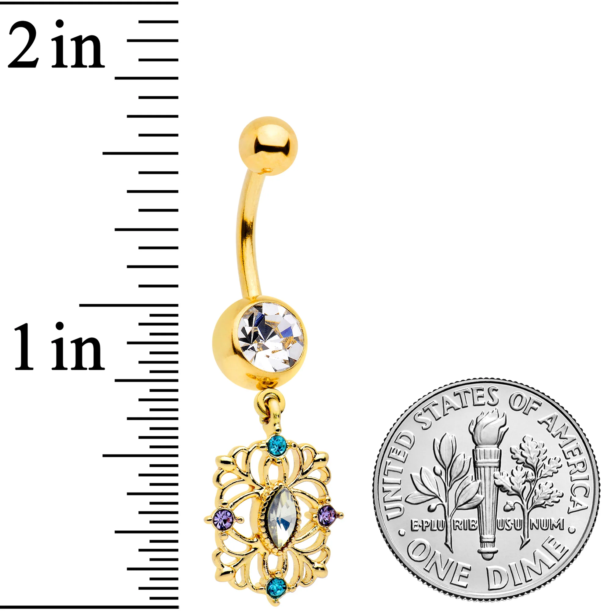 Gold Tone Jeweled Web Flower Dangle Belly Ring - Image 2