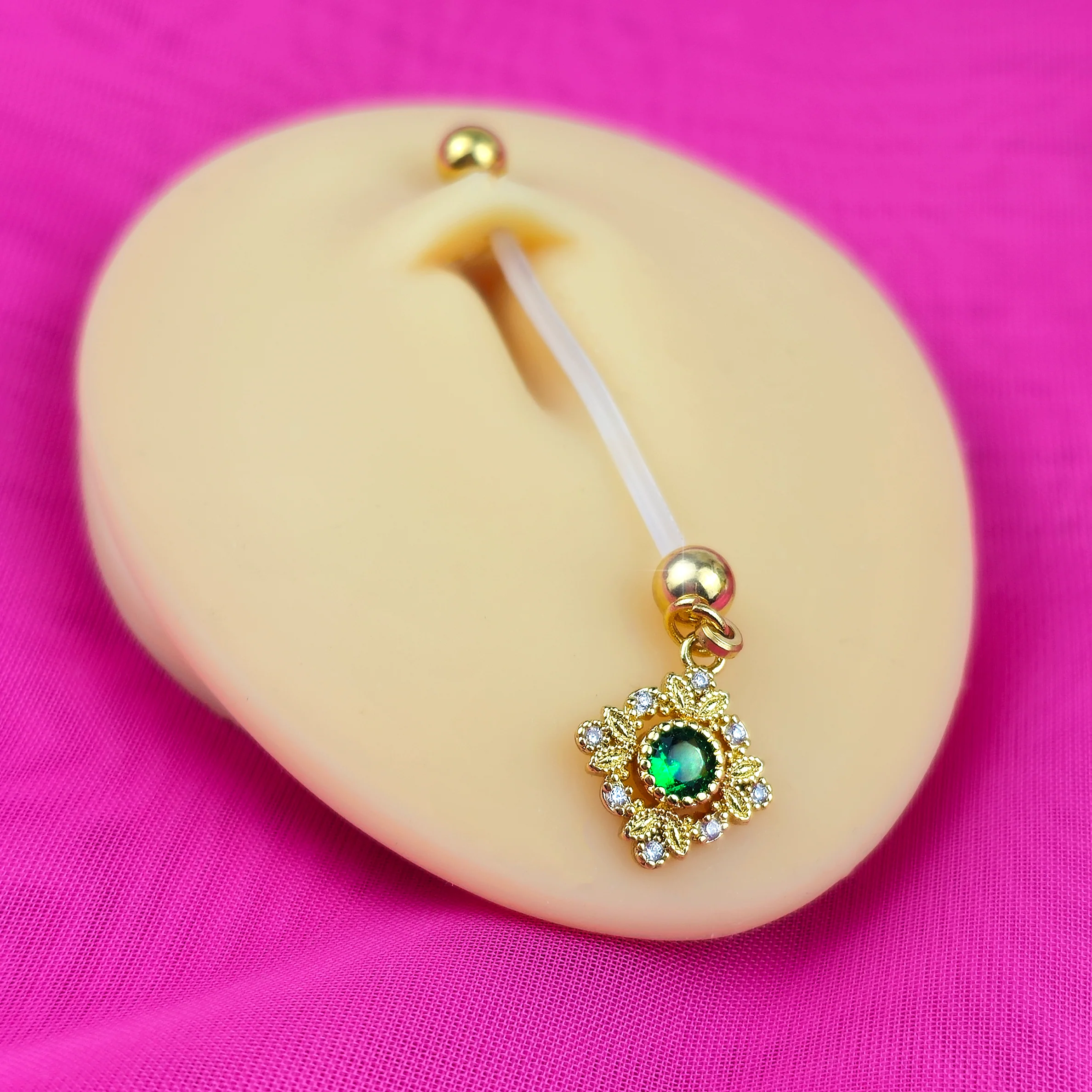 Green Clear Gem Bioplast Royal Beauty PTFE Dangle Pregnancy Belly Ring - Image 2