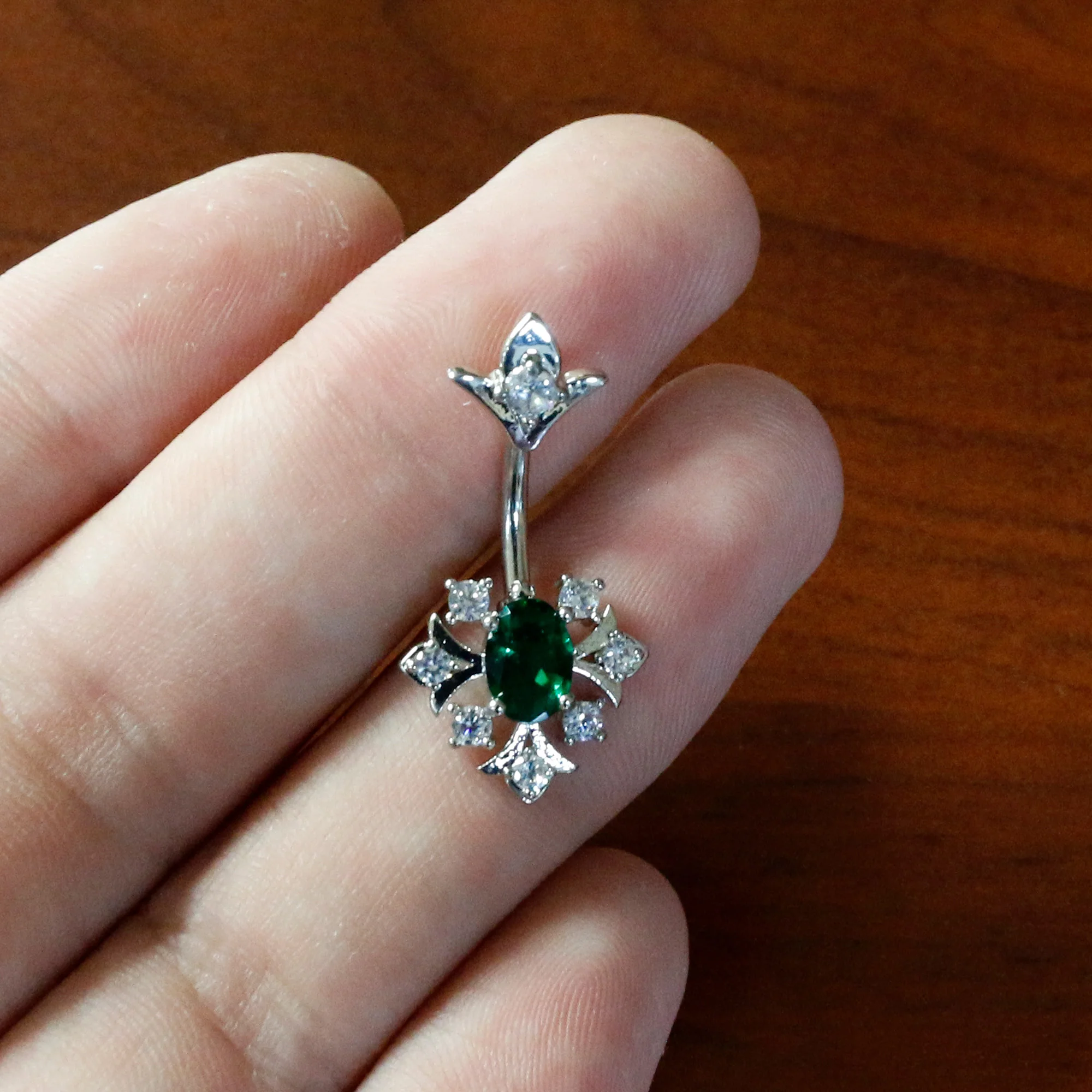 Green Clear Gem Ornate Art Deco Double Mount Belly Ring - Image 6