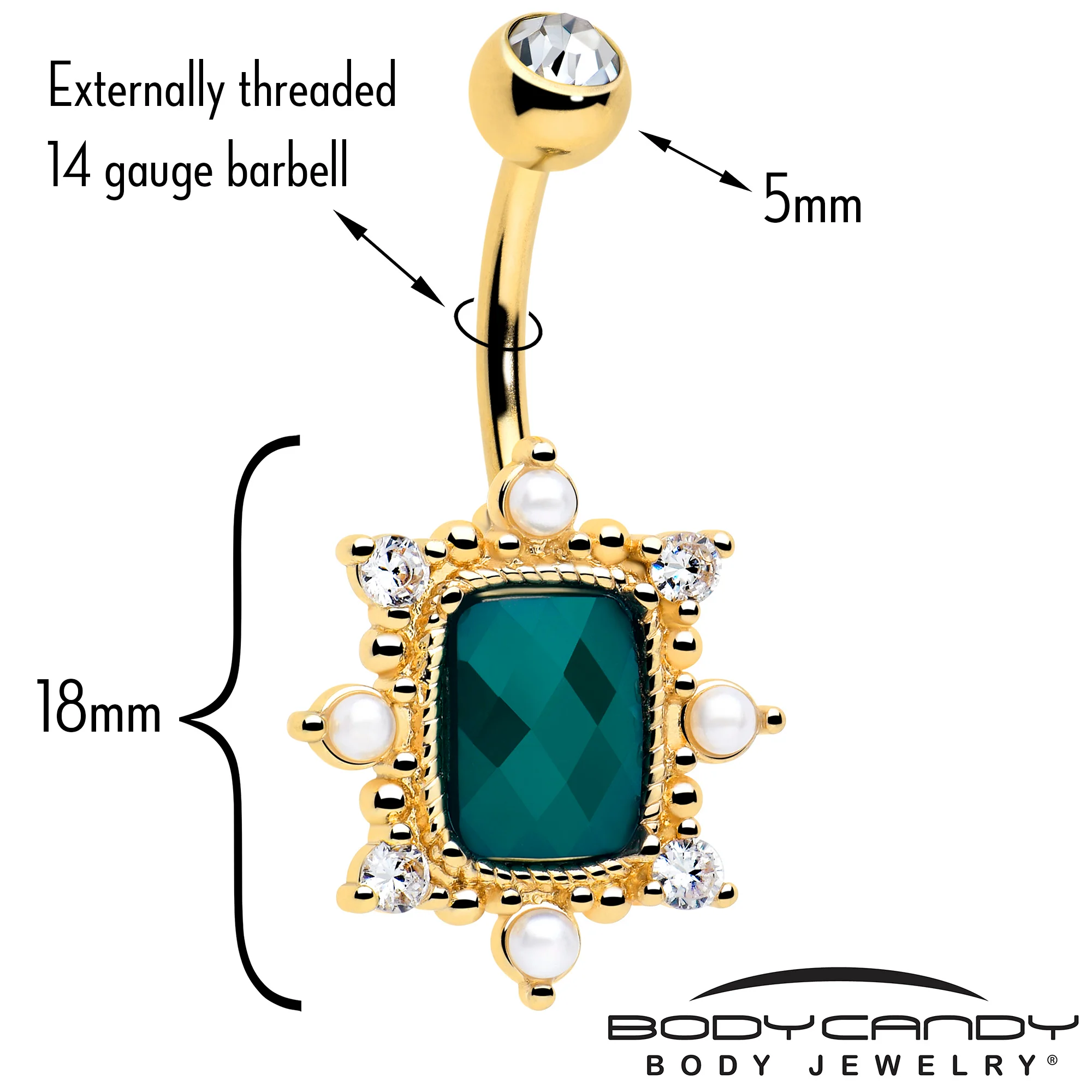 Green CZ Gem Gold Tone Royal Beauty Belly Ring - Image 2