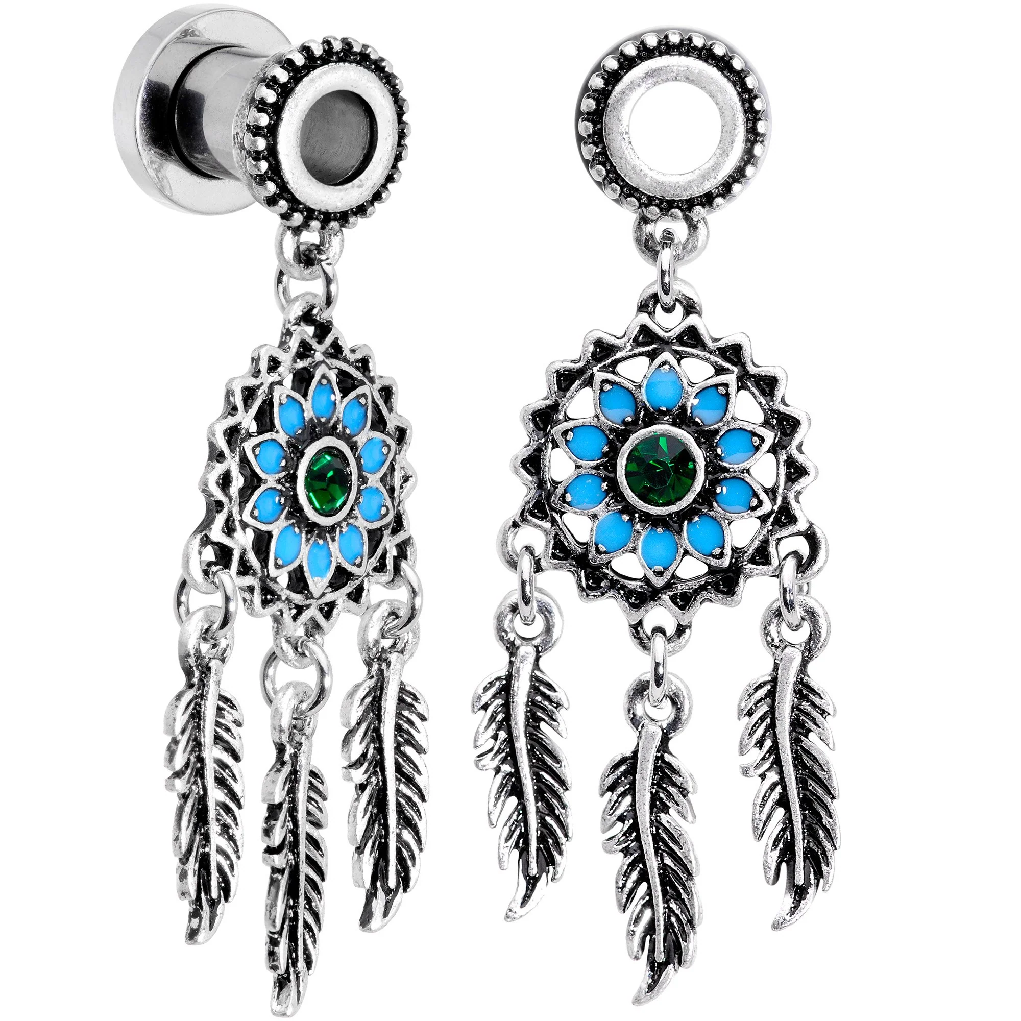 Green Gem Feather Dreamcatcher Screw Fit Tunnel Plug Set - Image 12