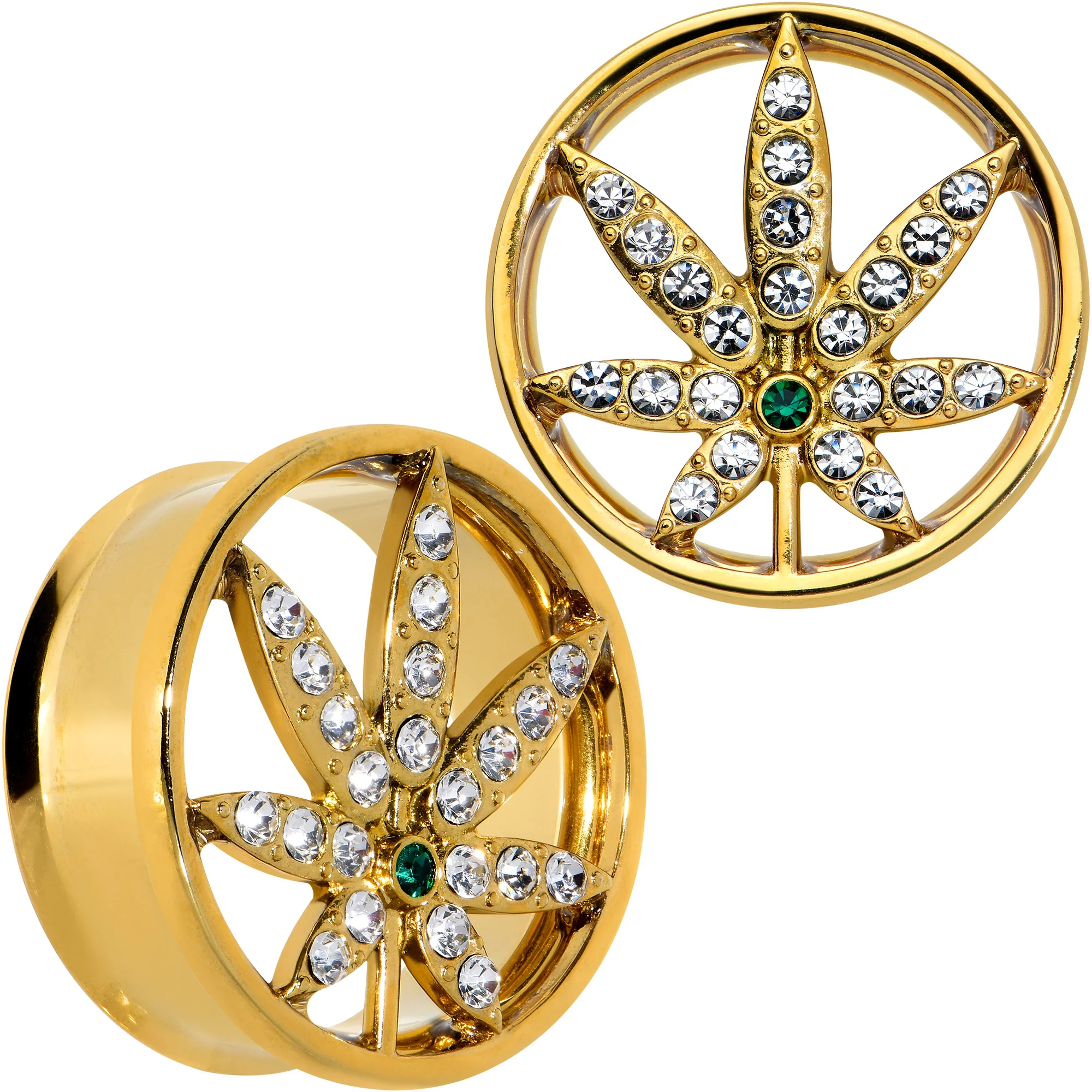 Green Gem Gold Tone Pot Leaf Double Flare Tunnel Plug Set - Image 2
