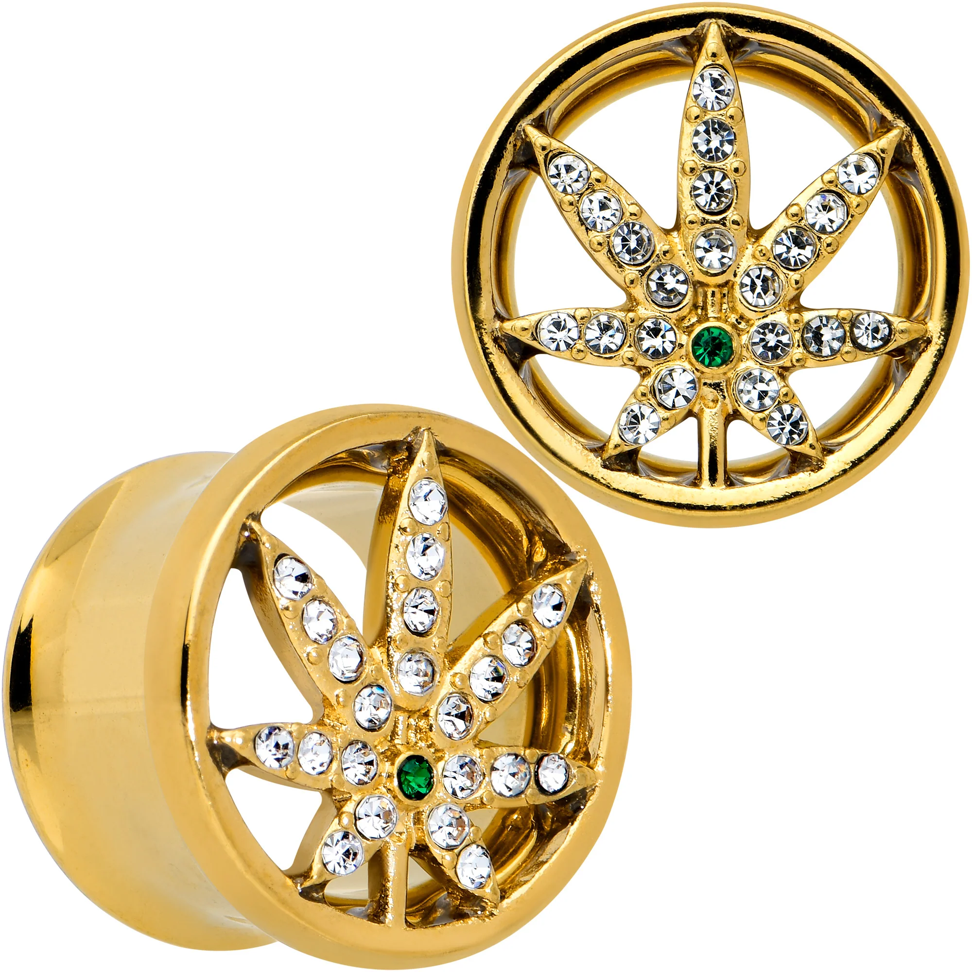 Green Gem Gold Tone Pot Leaf Double Flare Tunnel Plug Set - Image 7