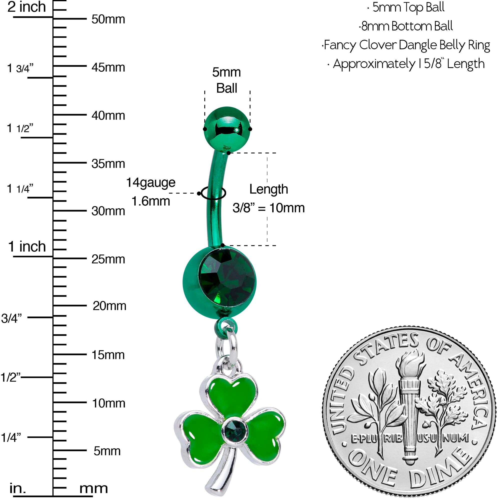 Green Gem Green PVD Shamrock St Patricks Day Dangle Belly Ring - Image 2