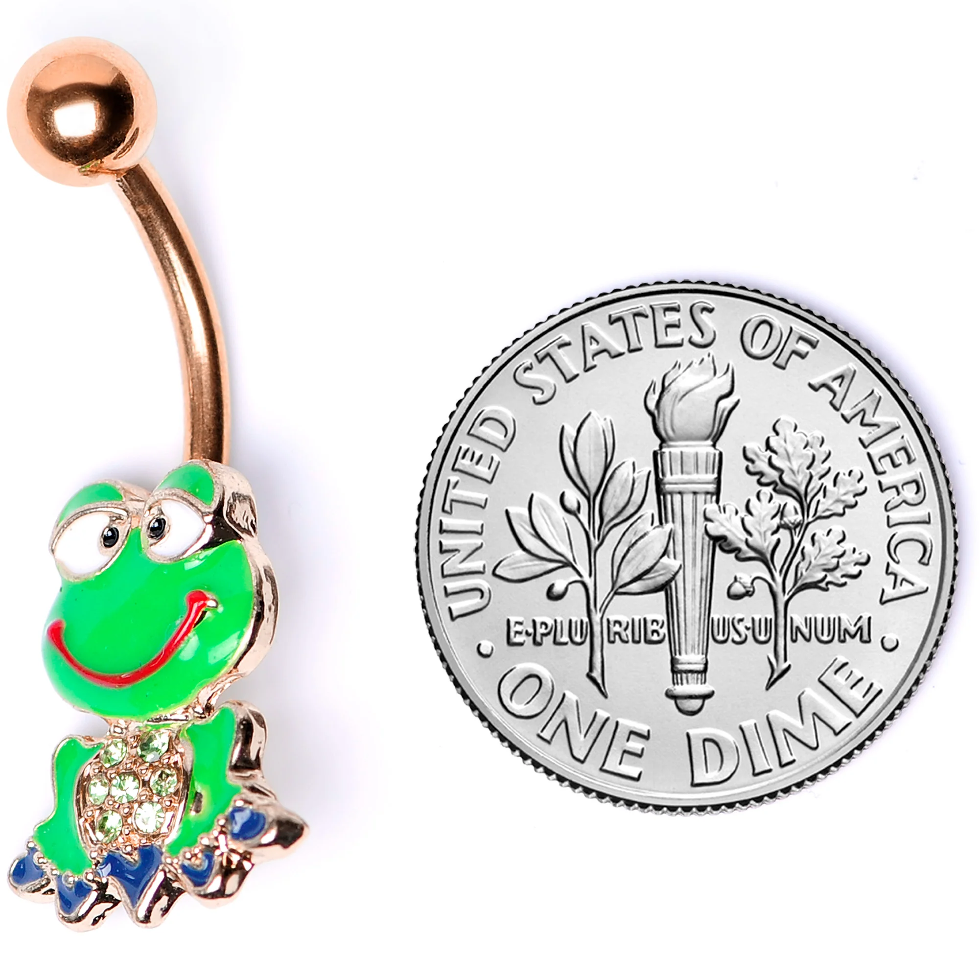 Green Gem Rose Gold Tone Green Goofy Frog Belly Ring - Image 6