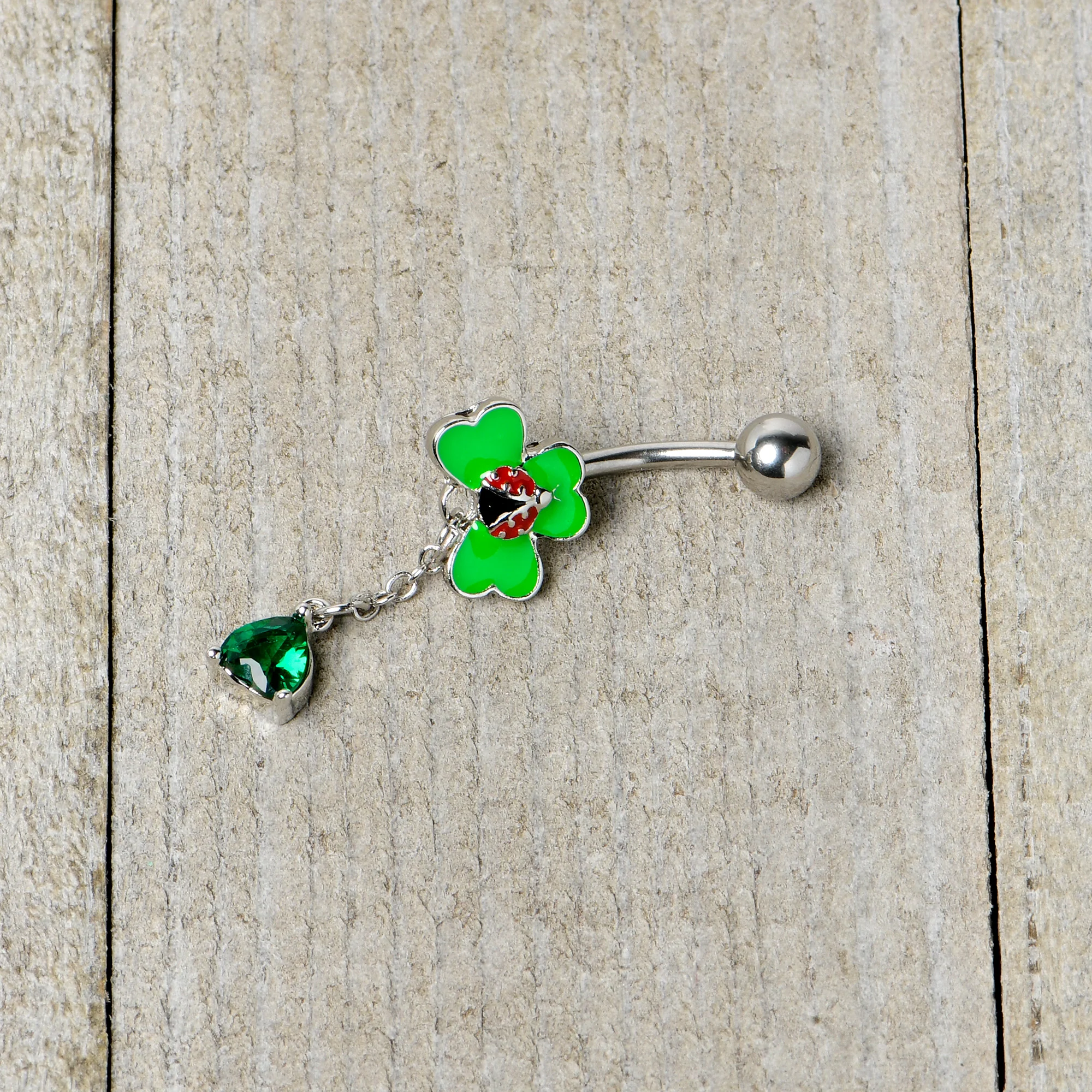 Green Gem Shamrock Ladybug St Patricks Dangle Belly Ring - Image 5