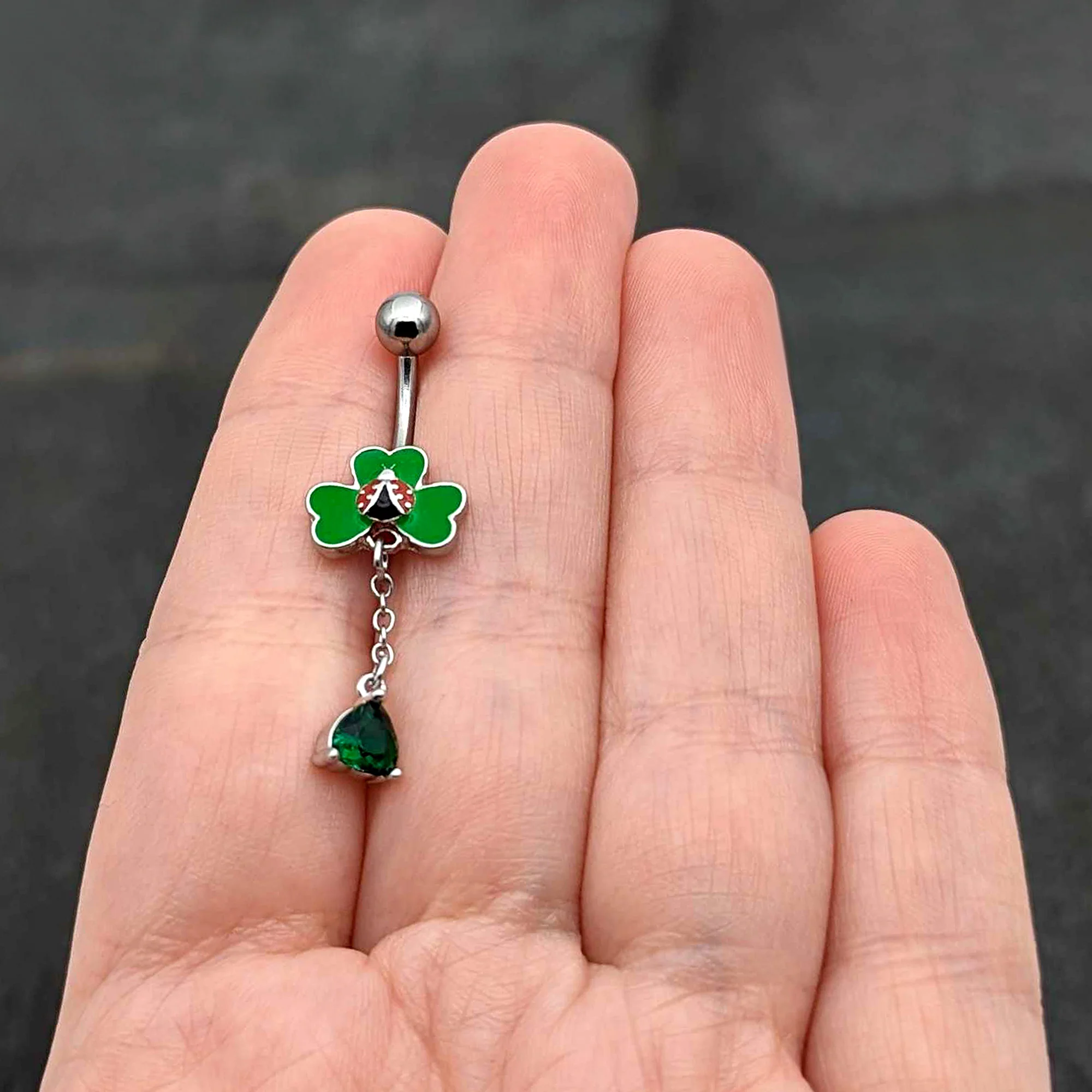 Green Gem Shamrock Ladybug St Patricks Dangle Belly Ring - Image 7