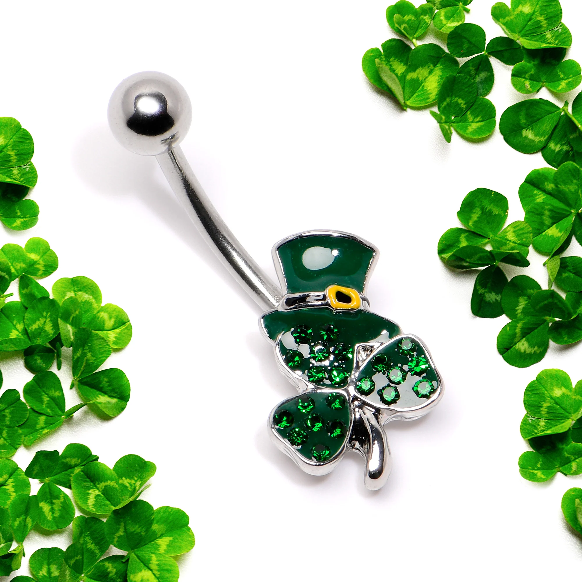 Green Gem Top Hat Shamrock St Patricks Belly Ring - Image 4