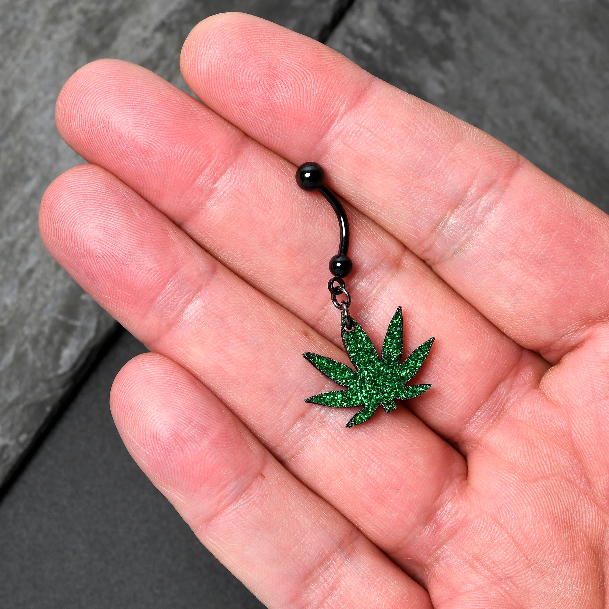 Green Glitter Marijuana Pot Leaf Black Dangle Belly Ring - Image 2