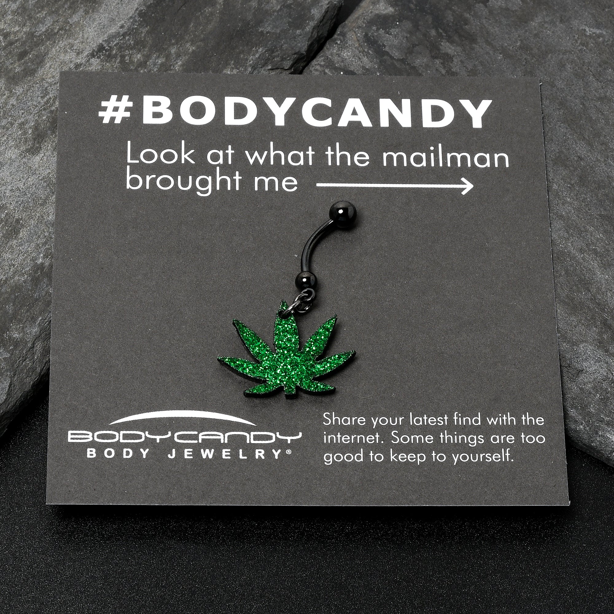 Green Glitter Marijuana Pot Leaf Black Dangle Belly Ring - Image 6