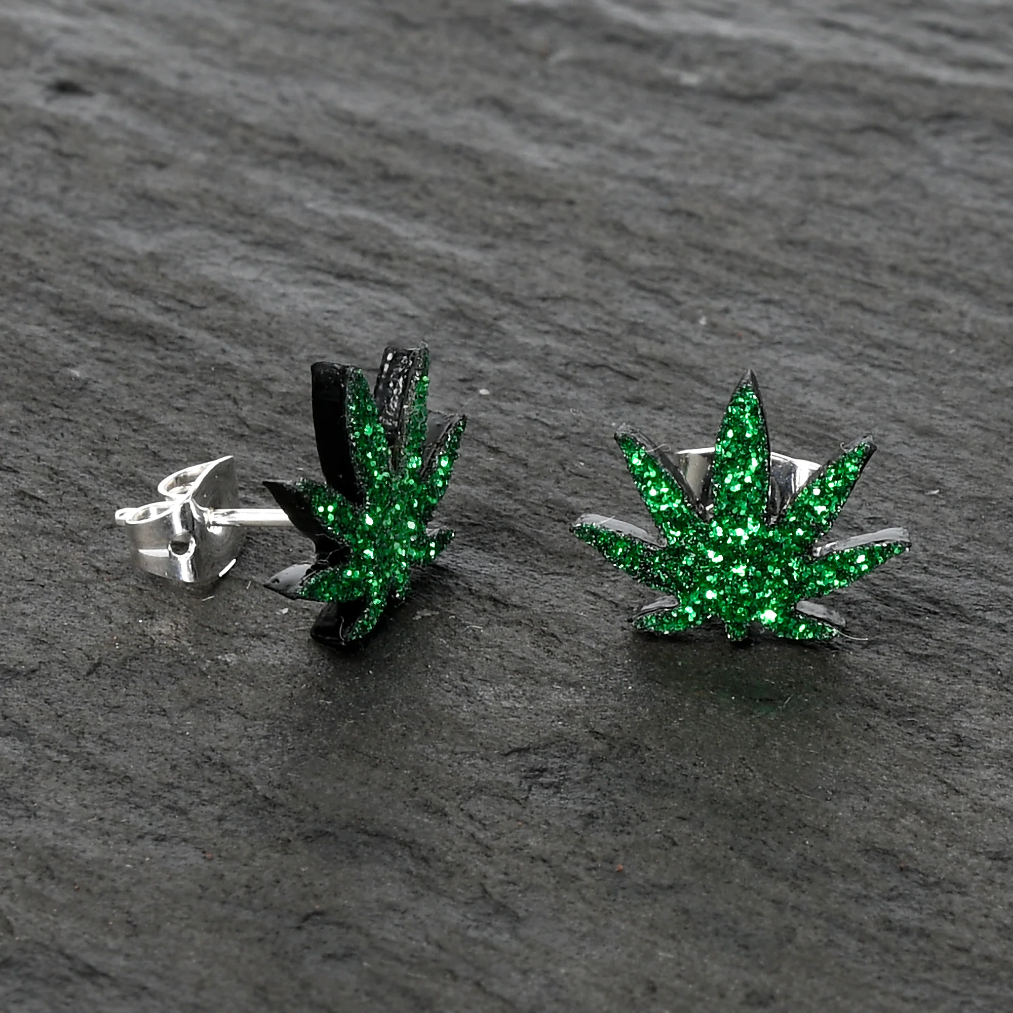 Green Glitter Marijuana Pot Leaf Stud Earrings - Image 5