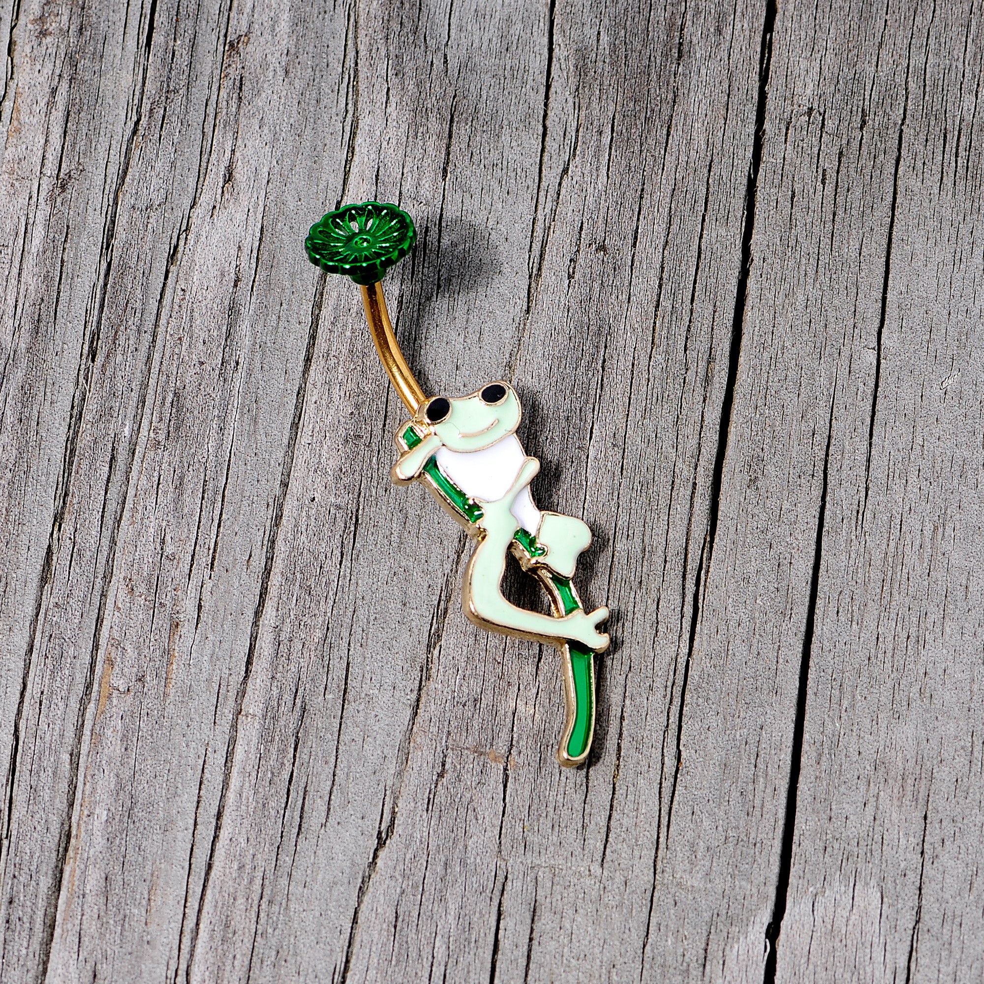 Green Gold Tone Frog Flower Double Mount Belly Ring - Image 6