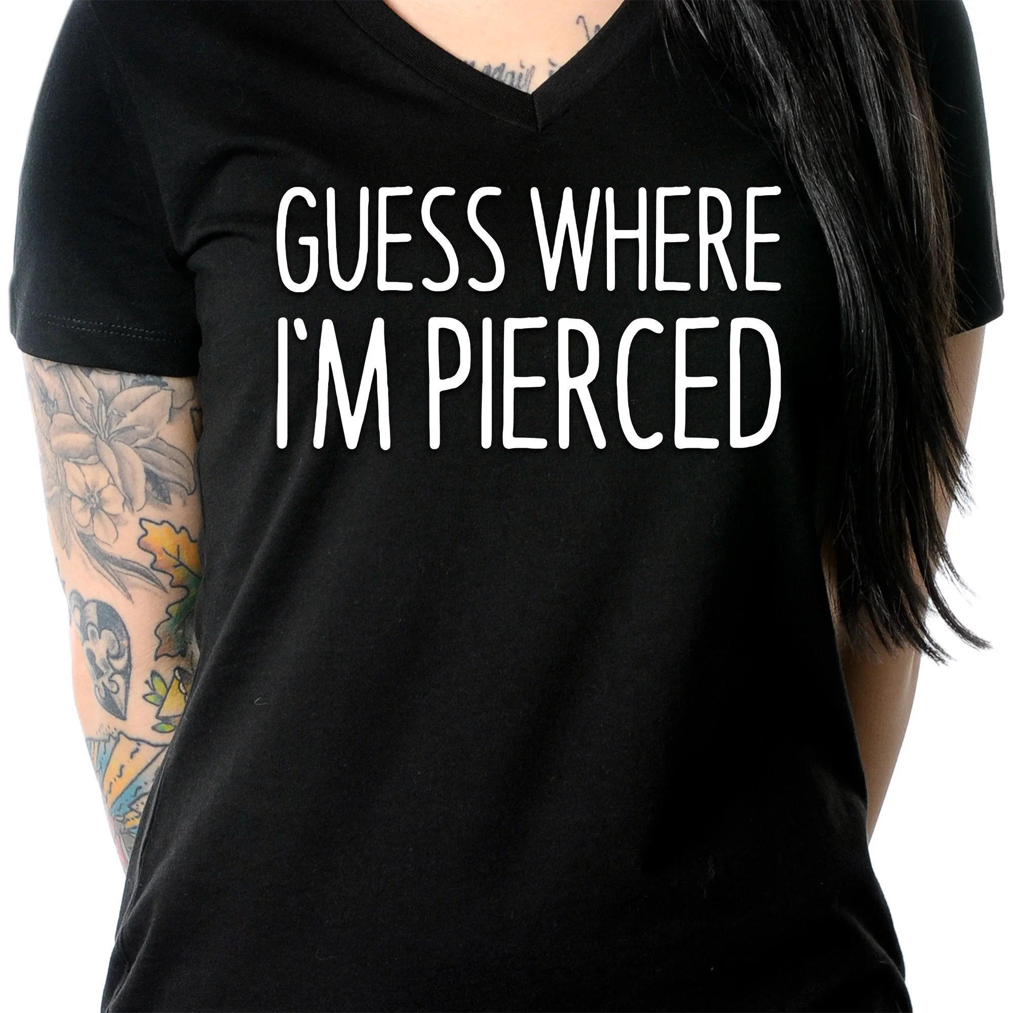 Guess Where I'm Pierced Black Tapered V-Neck Tee Shirt - Image 3