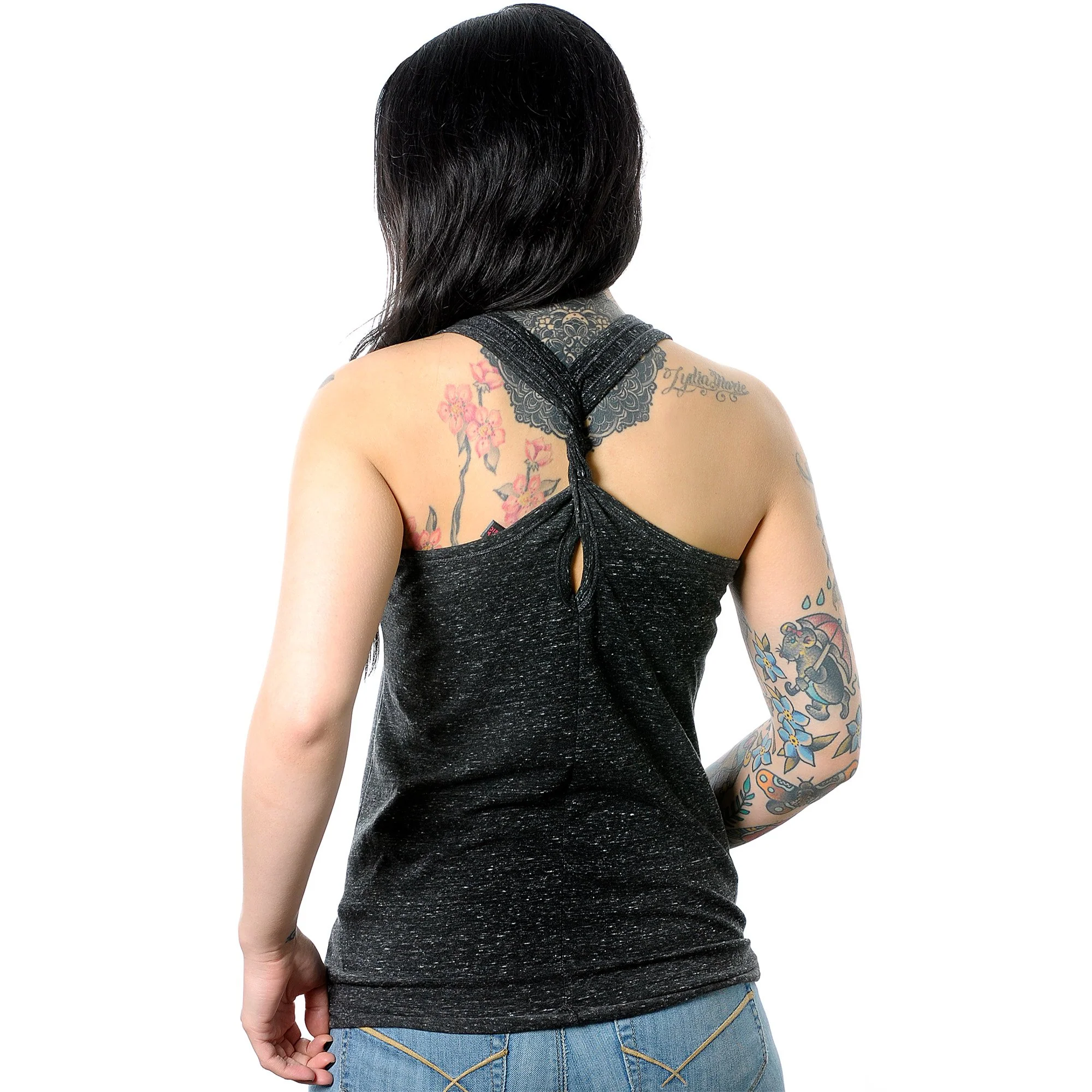 Guess Where I'm Pierced Black Gray Cosmic Twist Back Tank Top - Image 3