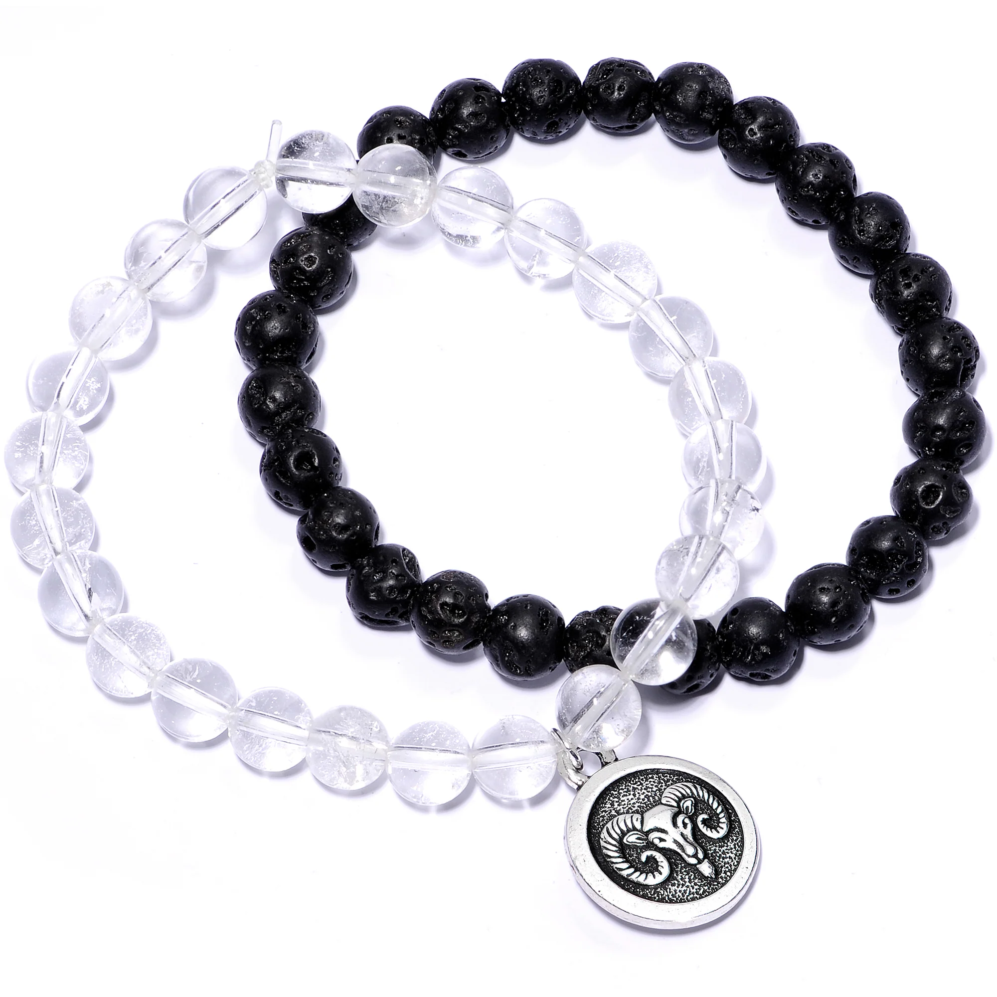 Handmade Lava Stone Clear Quartz Aries Zodiac Bracelet Set of 2 - Image 4
