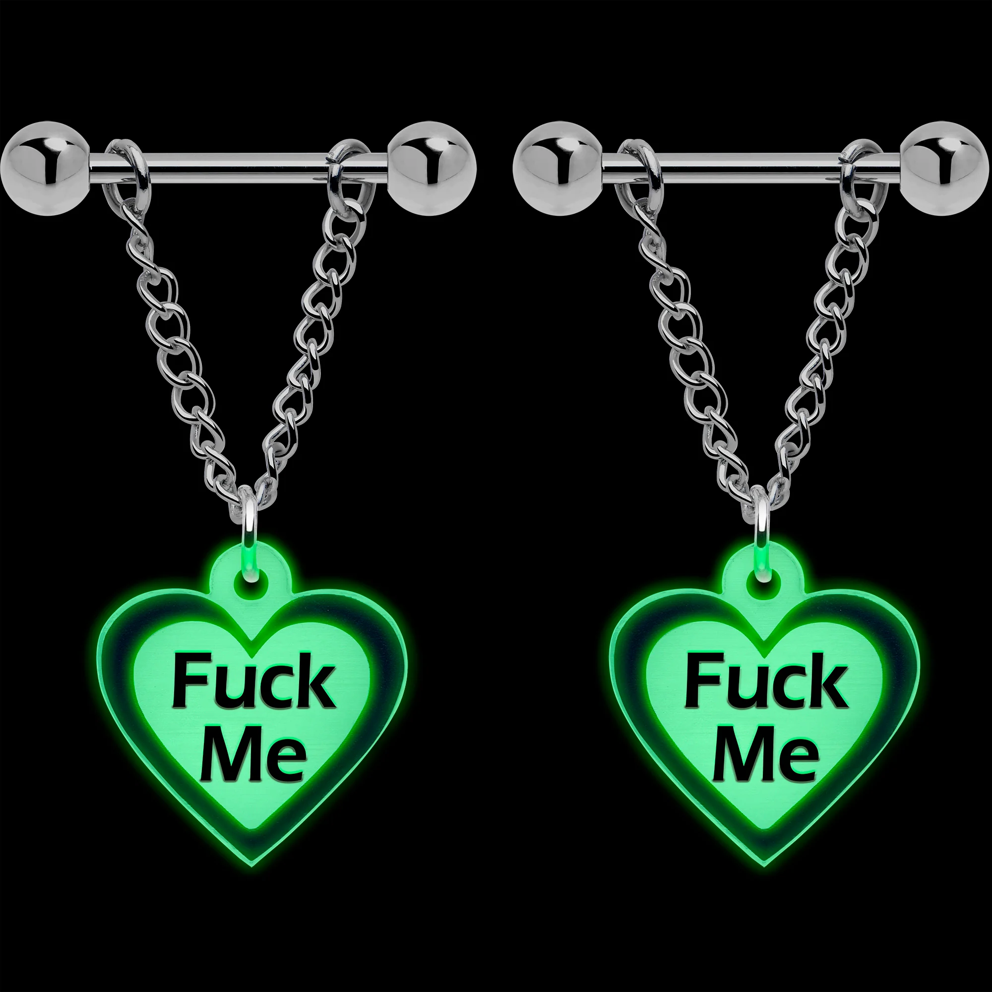 Heart Glow in the Dark F*ck Me Chain Dangle Nipple Ring Set - Image 2