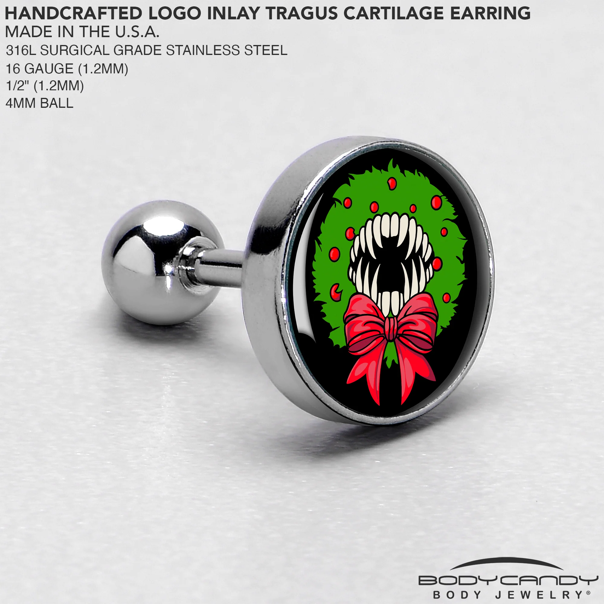 16G 1/4 Holiday Vampire Wreath Tragus Cartilage Earring by Onyx O - Image 4