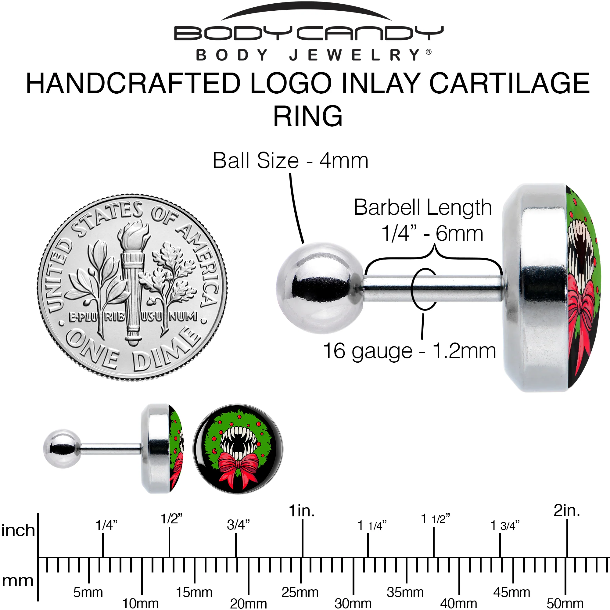 16G 1/4 Holiday Vampire Wreath Tragus Cartilage Earring by Onyx O - Image 5