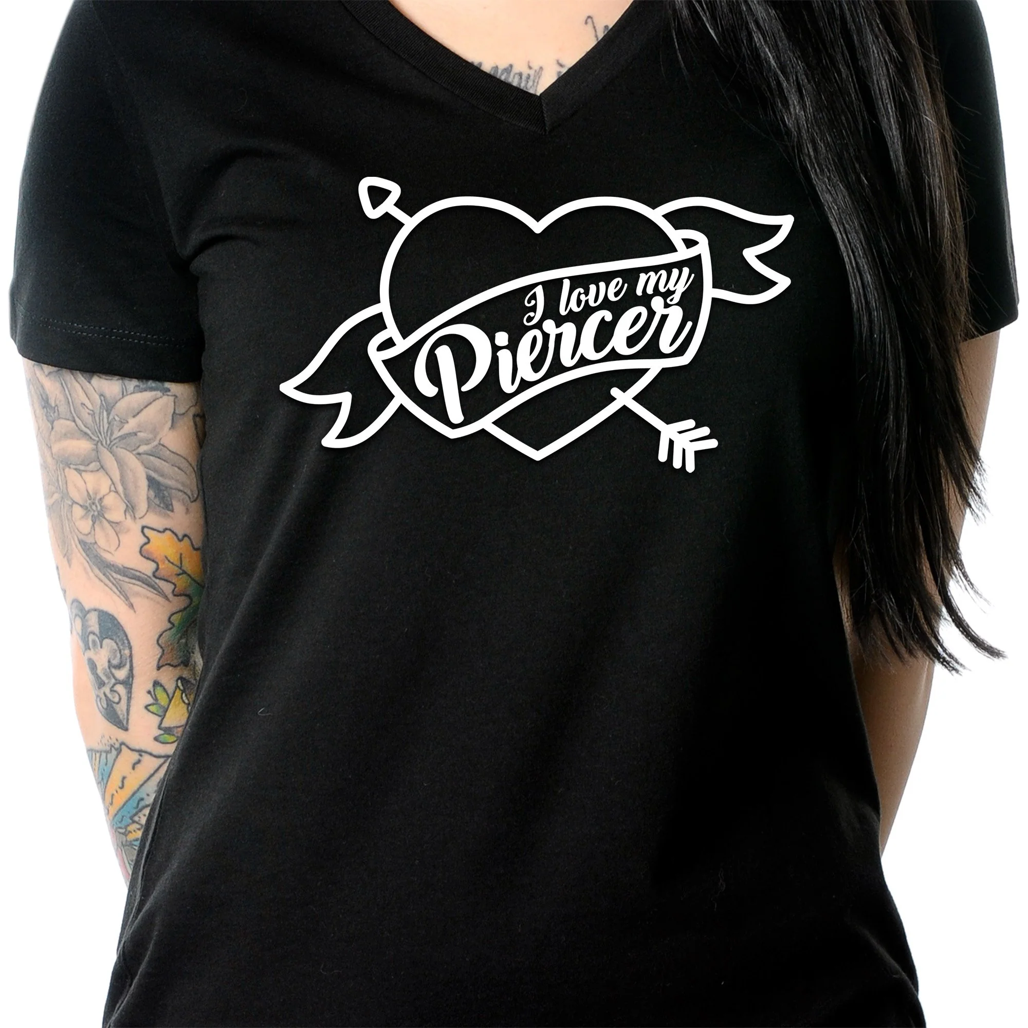 I Love My Piercer Black Tapered V-Neck Tee Shirt - Image 3