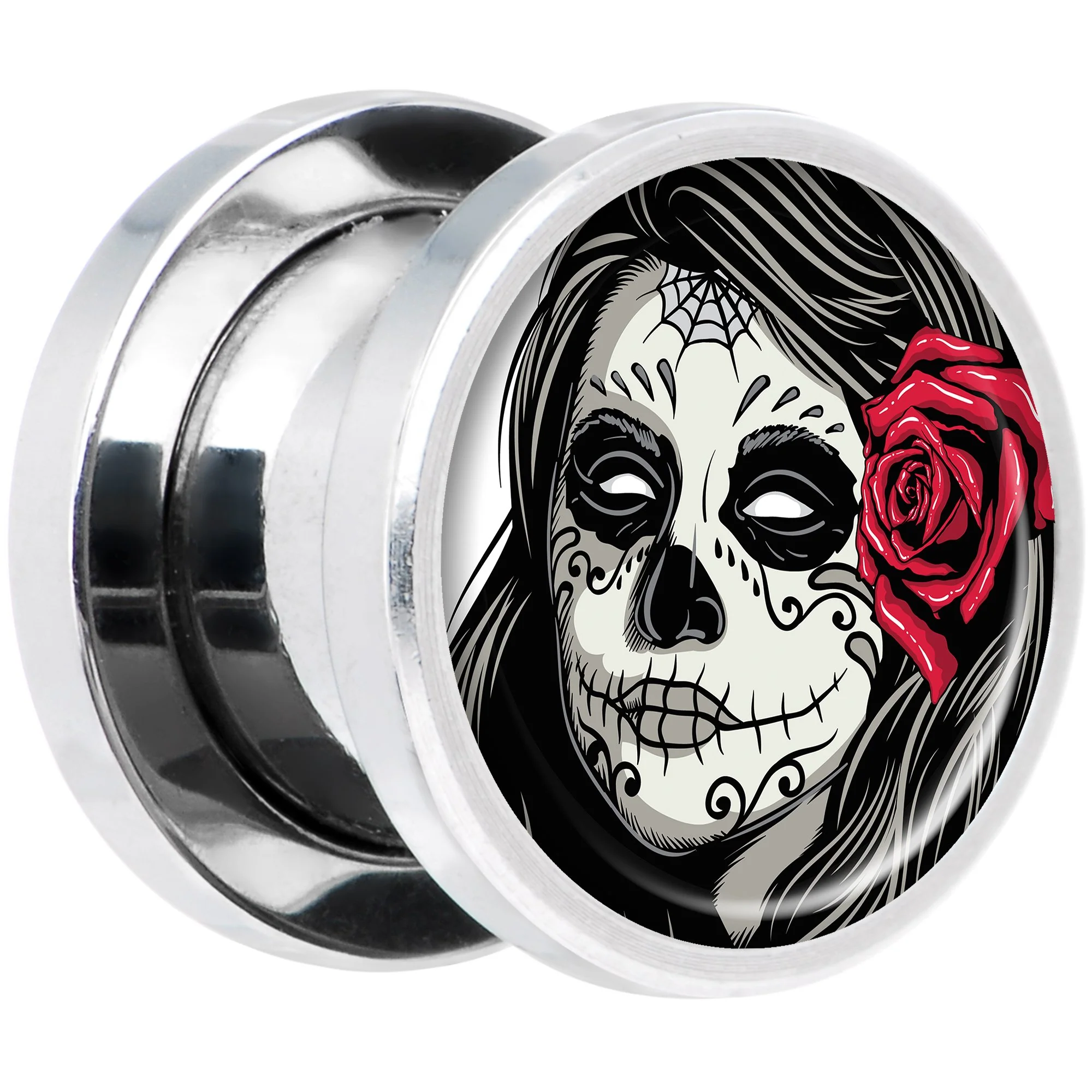 Katrina Sugar Skull with Rose Flower Steel Screw Fit Plug Set 00G - Image 2