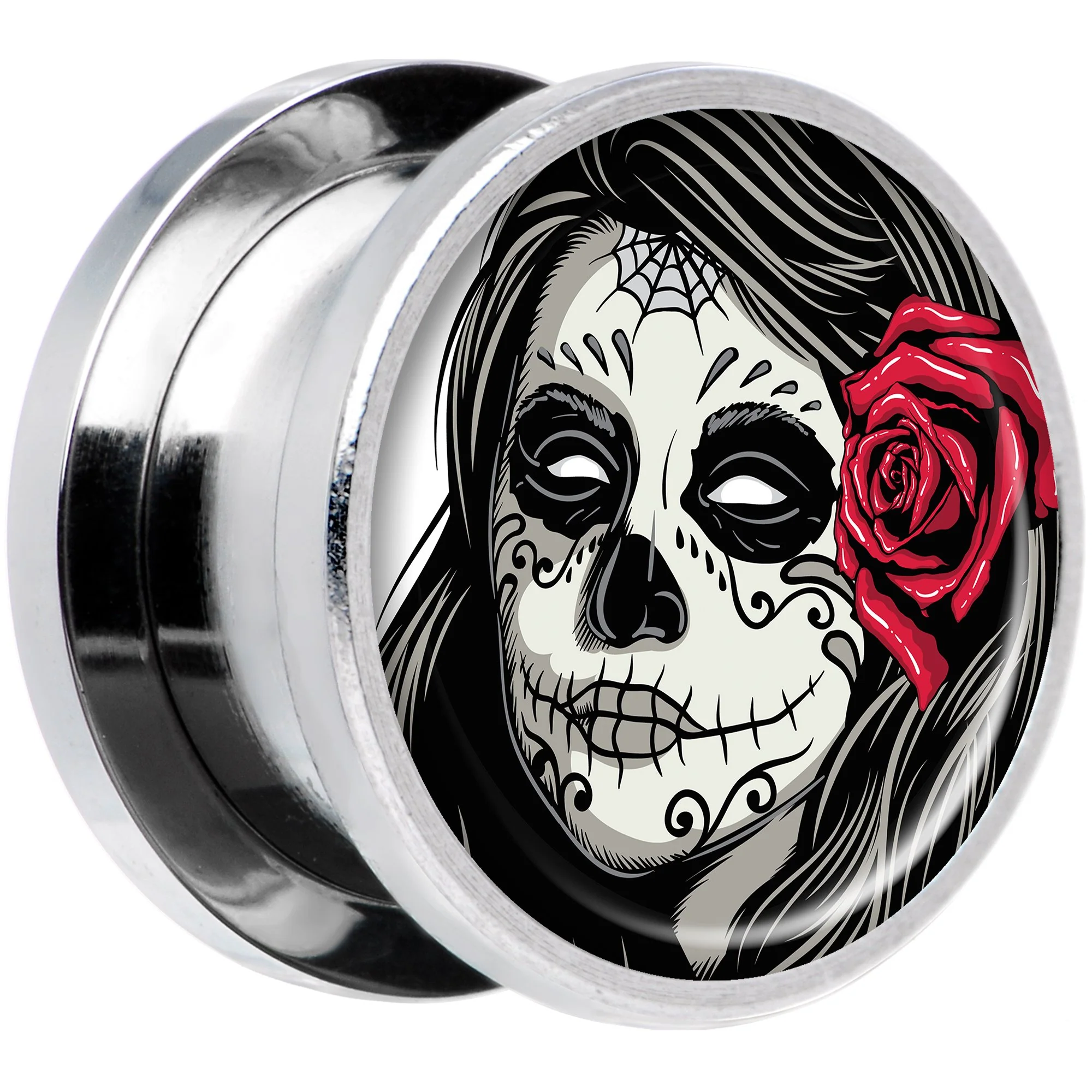 Katrina Sugar Skull with Rose Flower Steel Screw Fit Plug Set 9/16 - Image 2