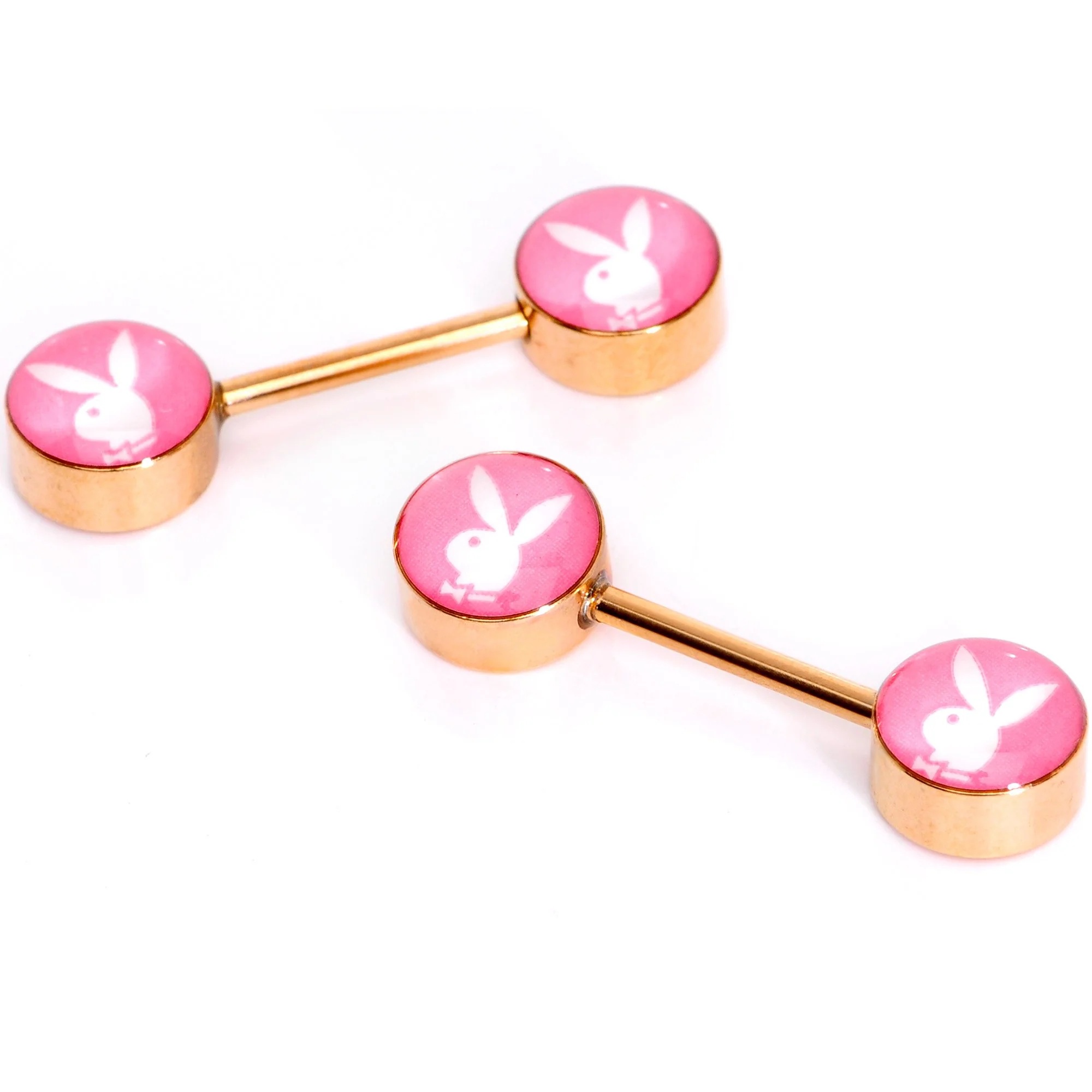 Licensed Pink White Playboy Bunny Gold Tone Barbell Nipple Ring Set - Image 2
