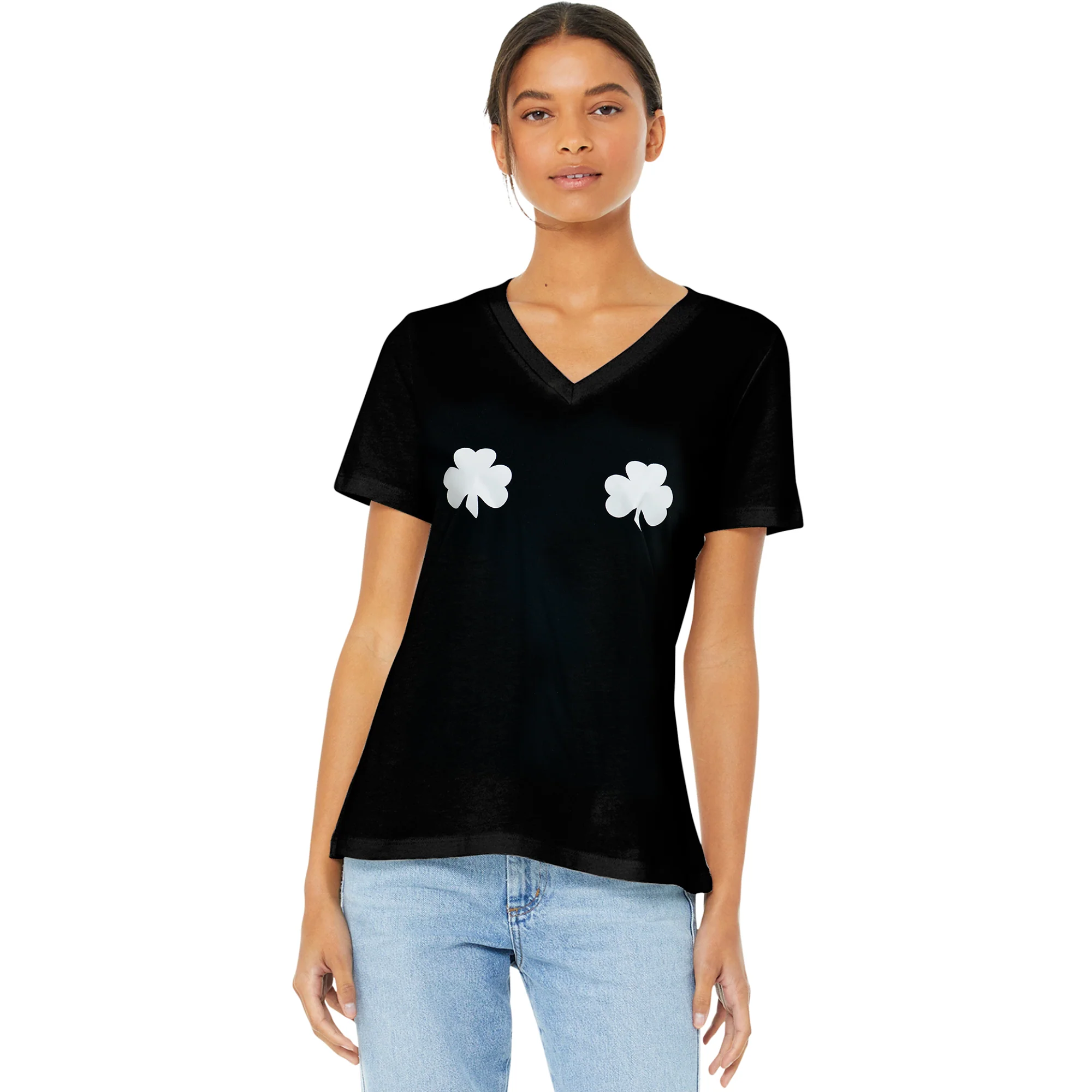 Lucky Glow in the Dark Shamrocks Black V-Neck Boobies Tee Shirt - Image 6